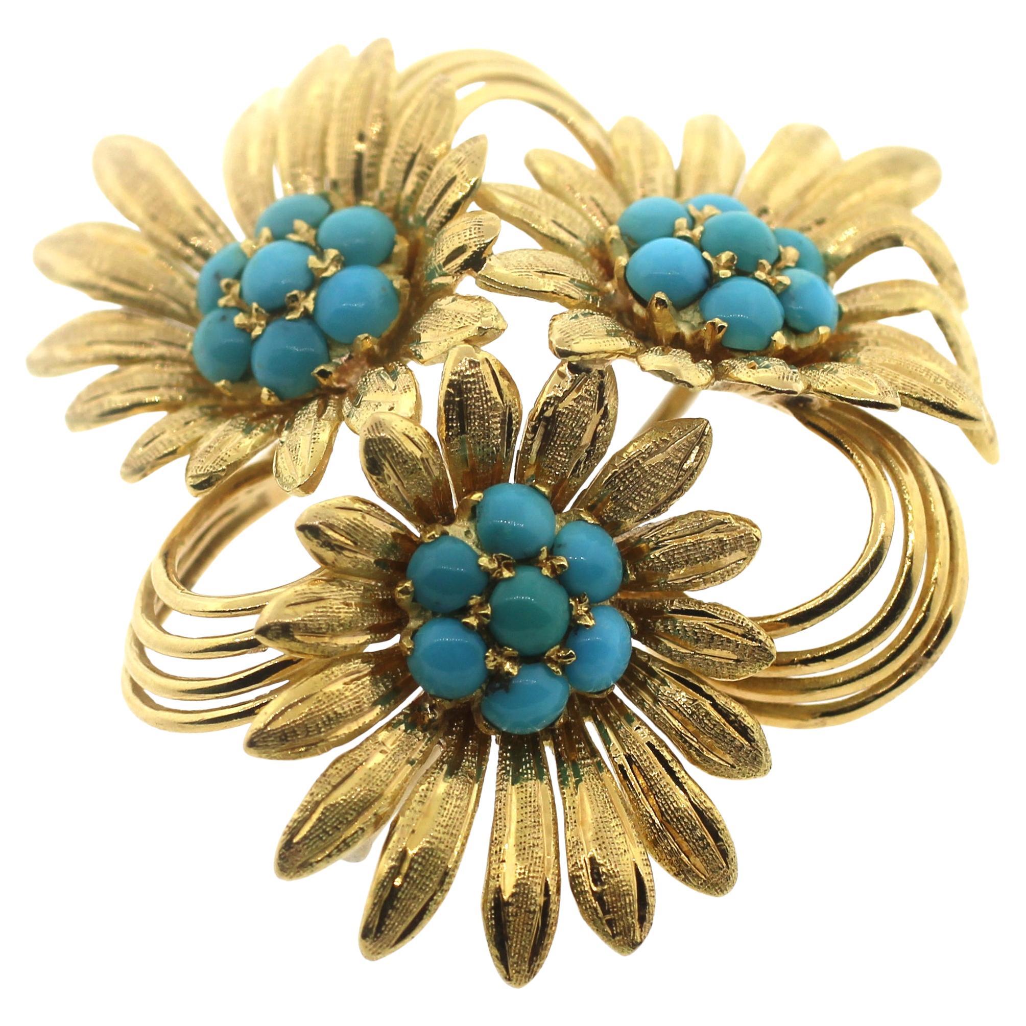 Jewel of Ocean 18k Turquoise Estate Flower Brooch 'Convertible to Pendent' For Sale