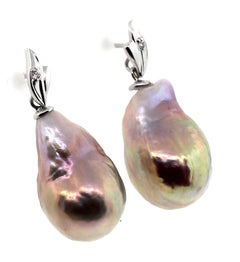 Hakimoto 18K White Gold and Diamond Metallic 12x19 mm Baroque Pearl Earrings