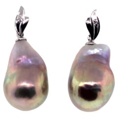 18K White Gold and Diamond Metallic Baroque Pearl Earrings