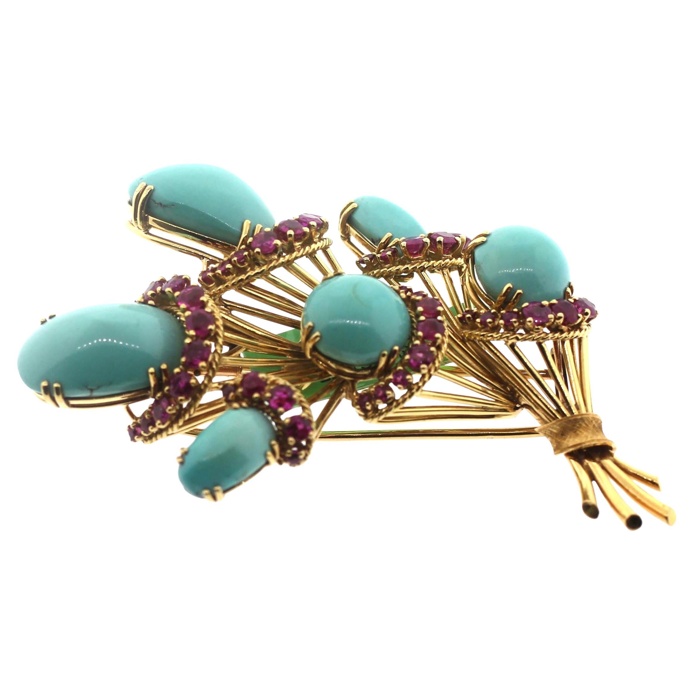 Contemporary Jewel Of Ocean Estate jewelry Bouquet Turquoise and Ruby Brooch