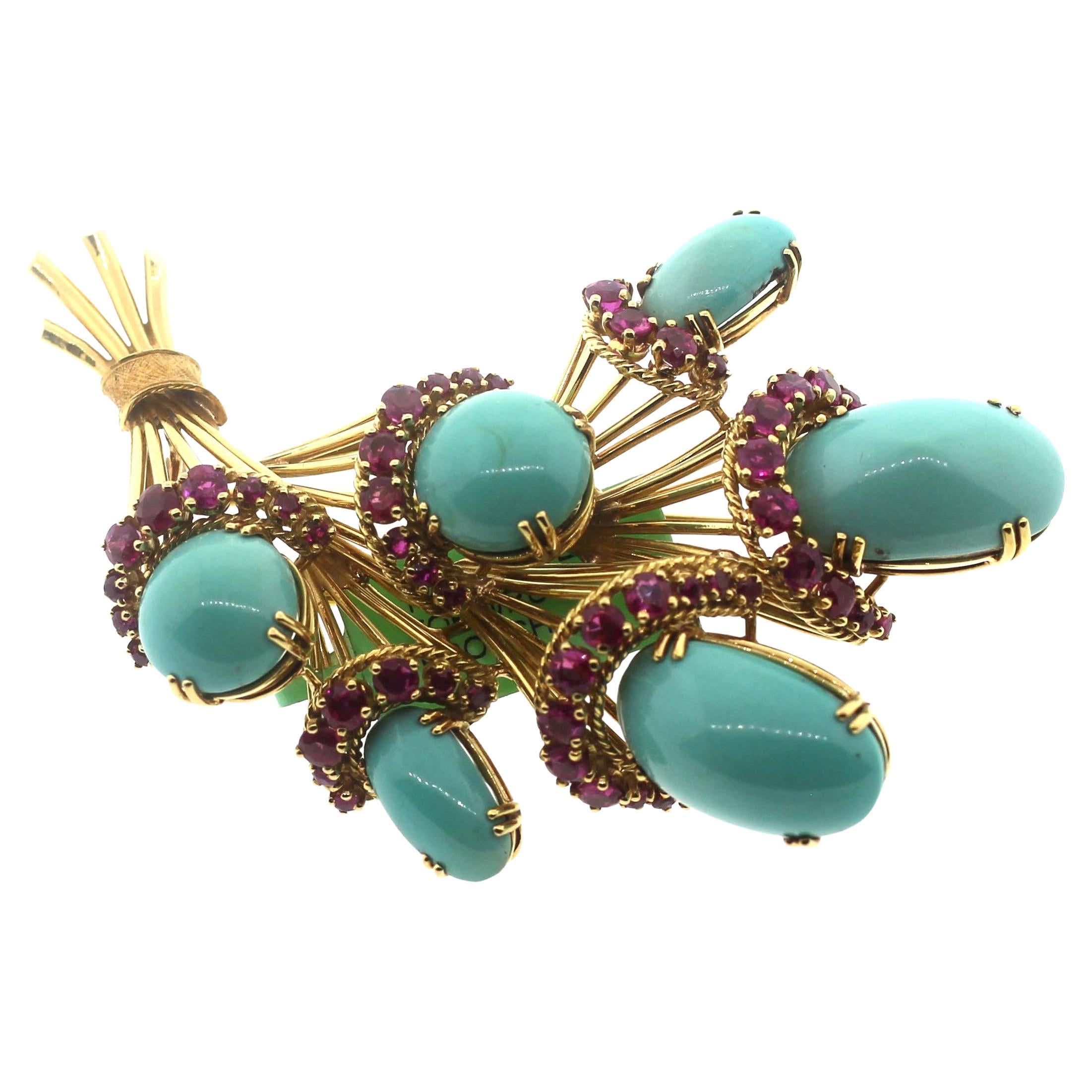 Cabochon Jewel Of Ocean Estate jewelry Bouquet Turquoise and Ruby Brooch