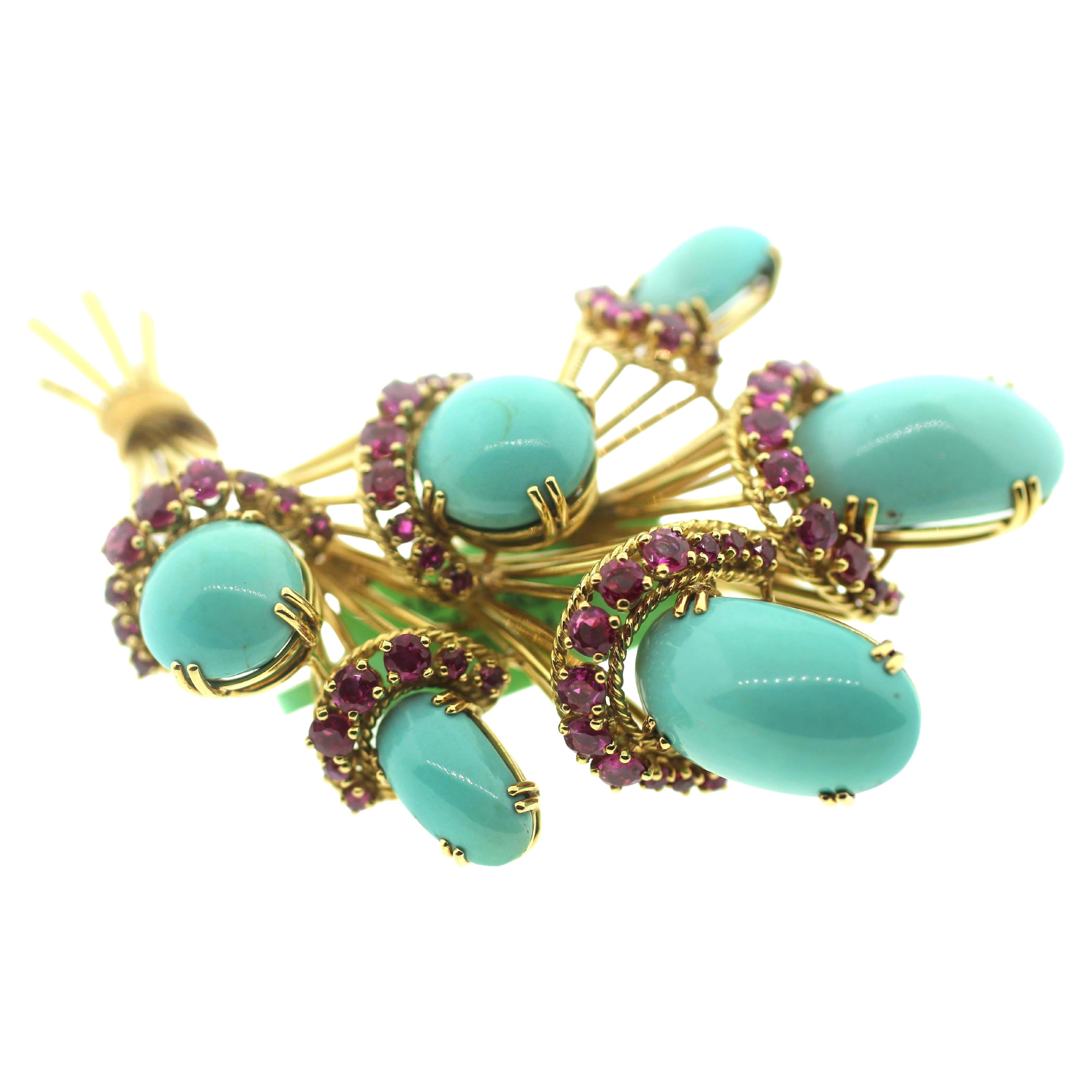Jewel Of Ocean Estate jewelry Bouquet Turquoise and Ruby Brooch In Excellent Condition In New York, NY