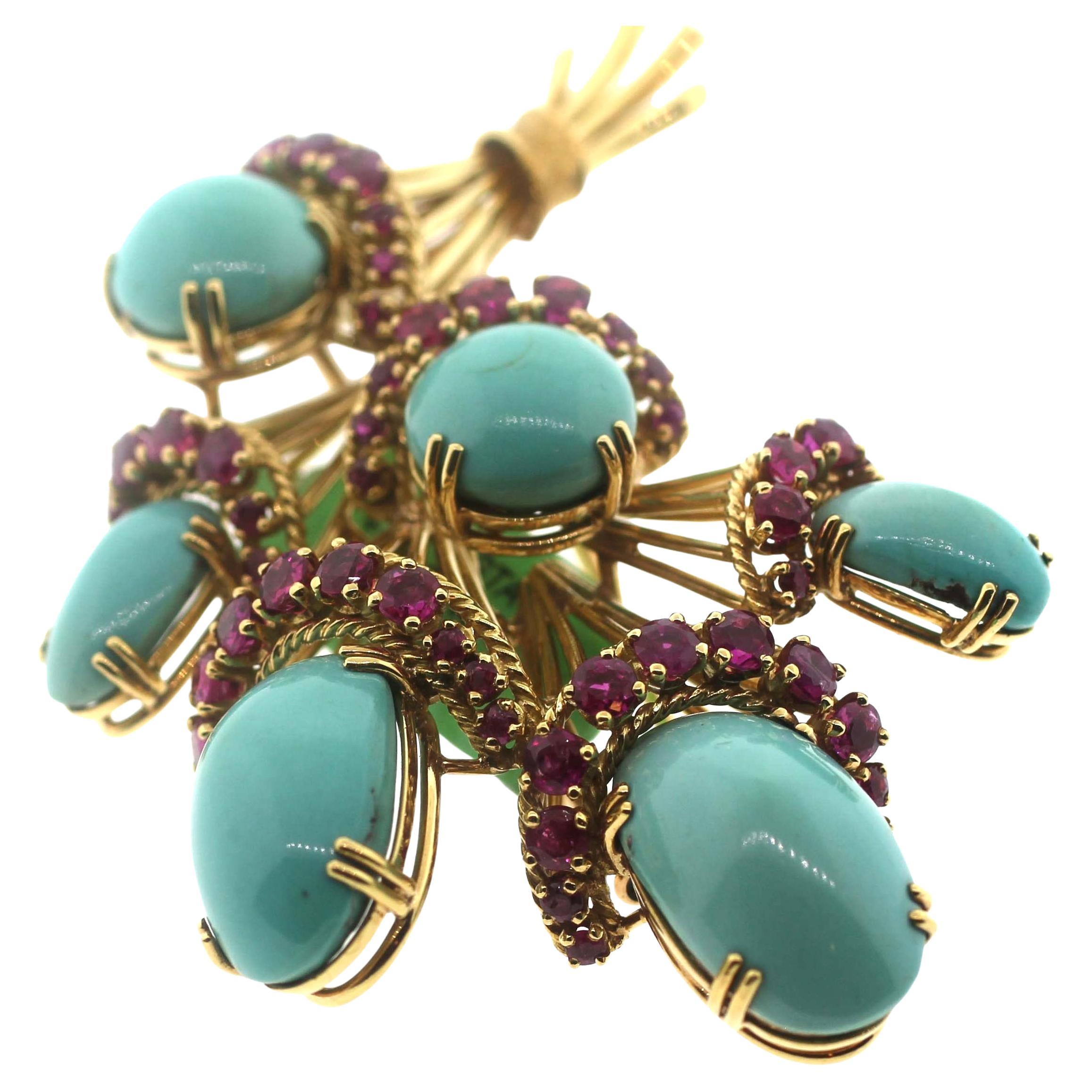 Women's Jewel Of Ocean Estate jewelry Bouquet Turquoise and Ruby Brooch