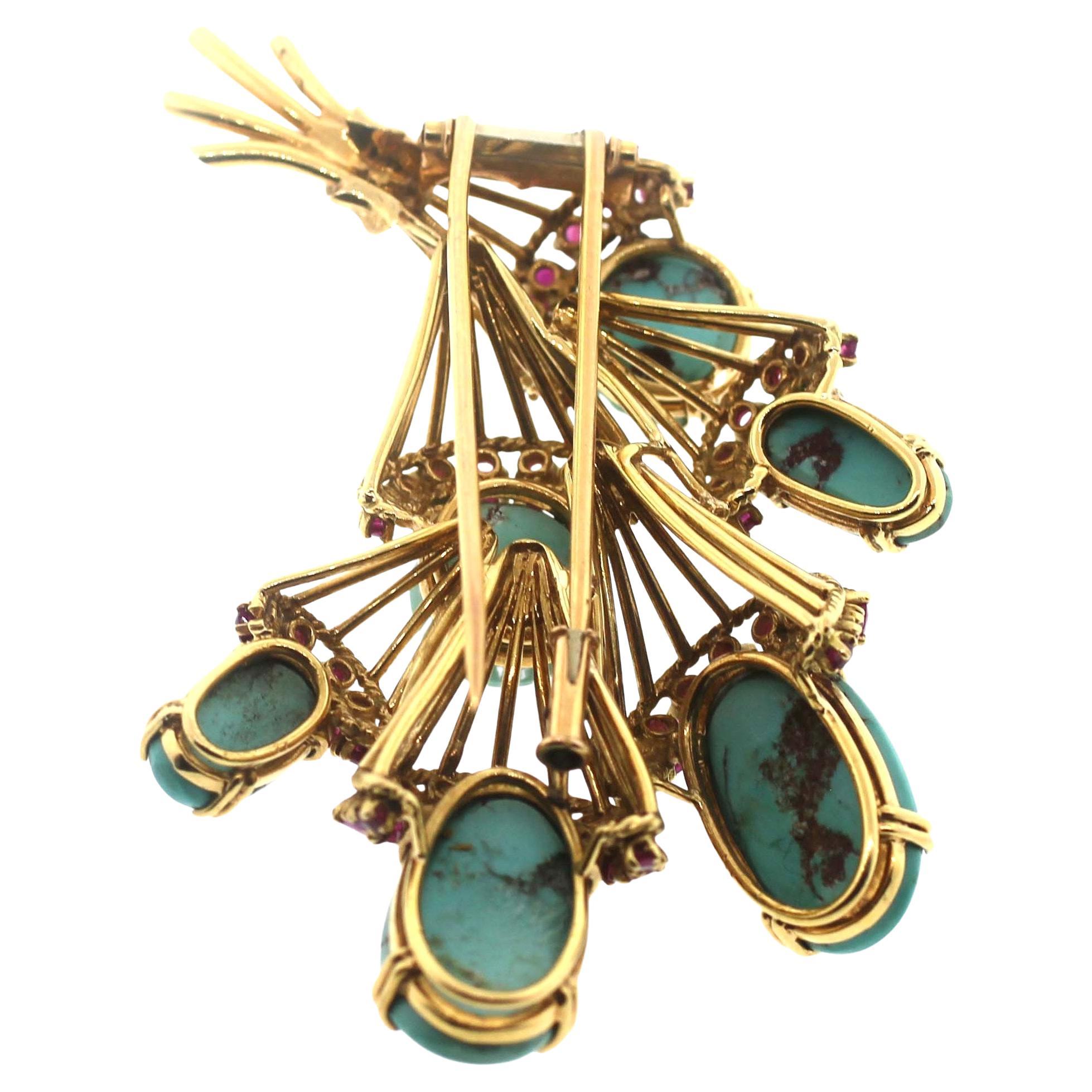Jewel Of Ocean Estate jewelry Bouquet Turquoise and Ruby Brooch For Sale 1
