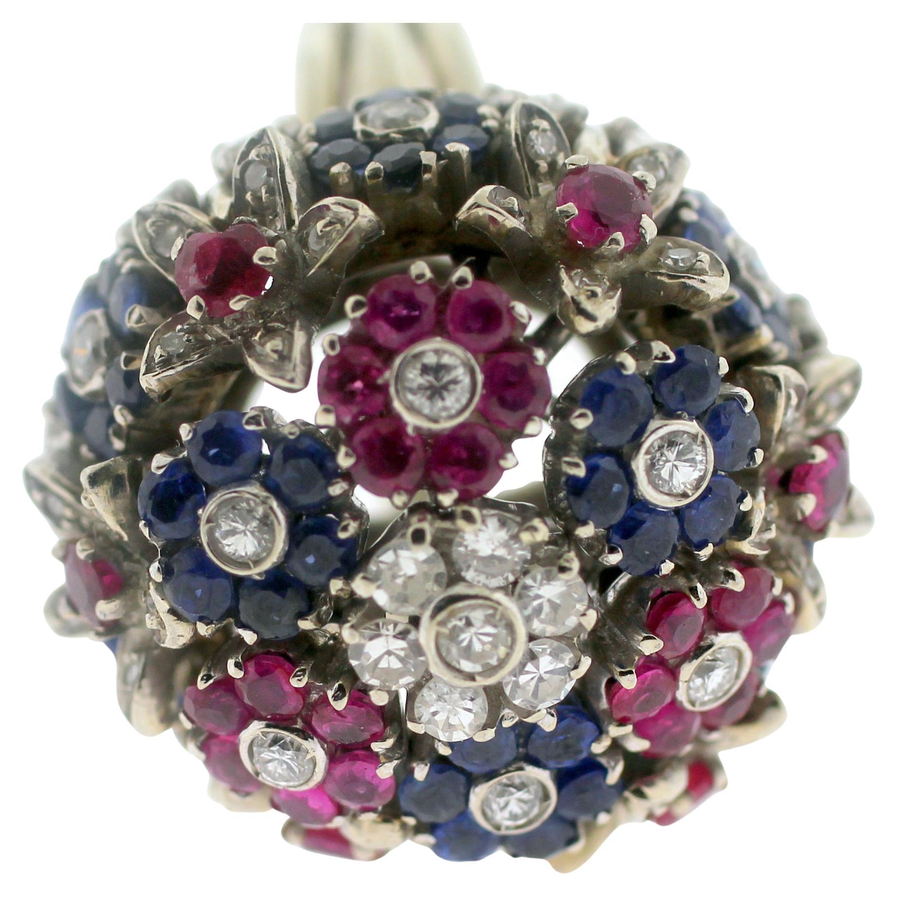 Schmuck Juwel Of Ocean Estate baumelnder Goldring mit Diamanten, Rubinen und Saphiren (Brillantschliff)