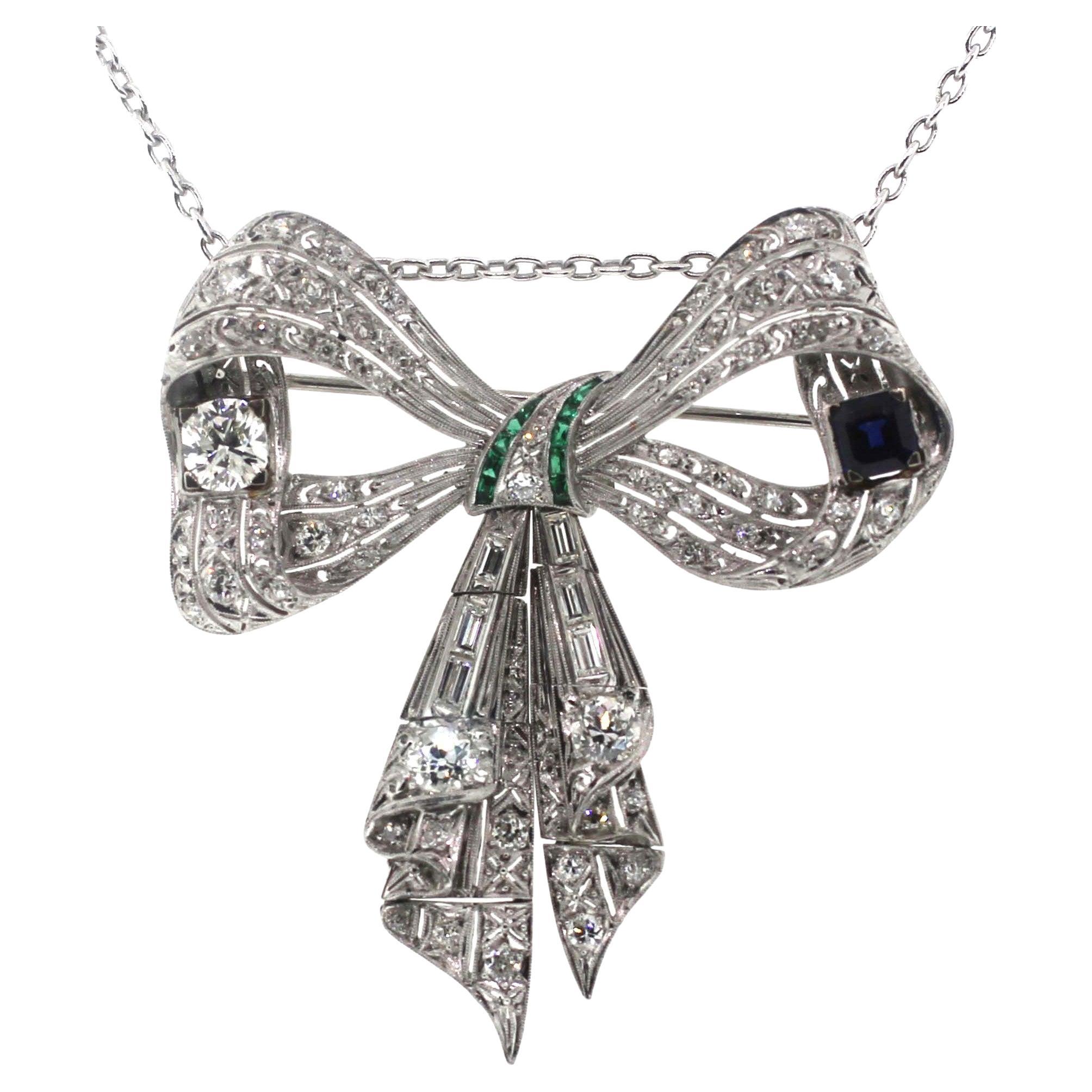Jewel Of Ocean Estate Platinum Diamonds, Sapphire and Emerald Bow Brooch Pendent 5