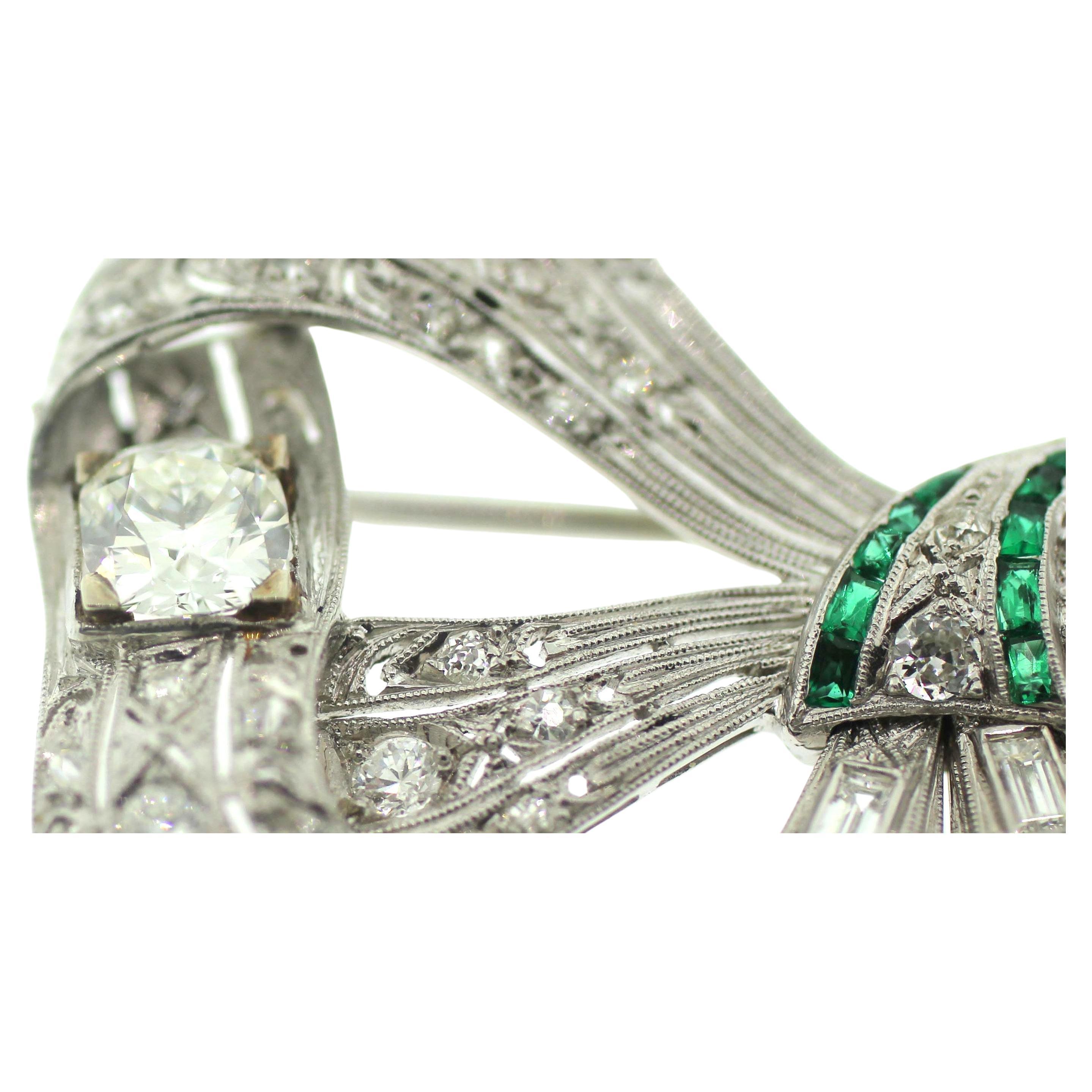 Baguette Cut Jewel Of Ocean Estate Platinum Diamonds, Sapphire and Emerald Bow Brooch Pendent