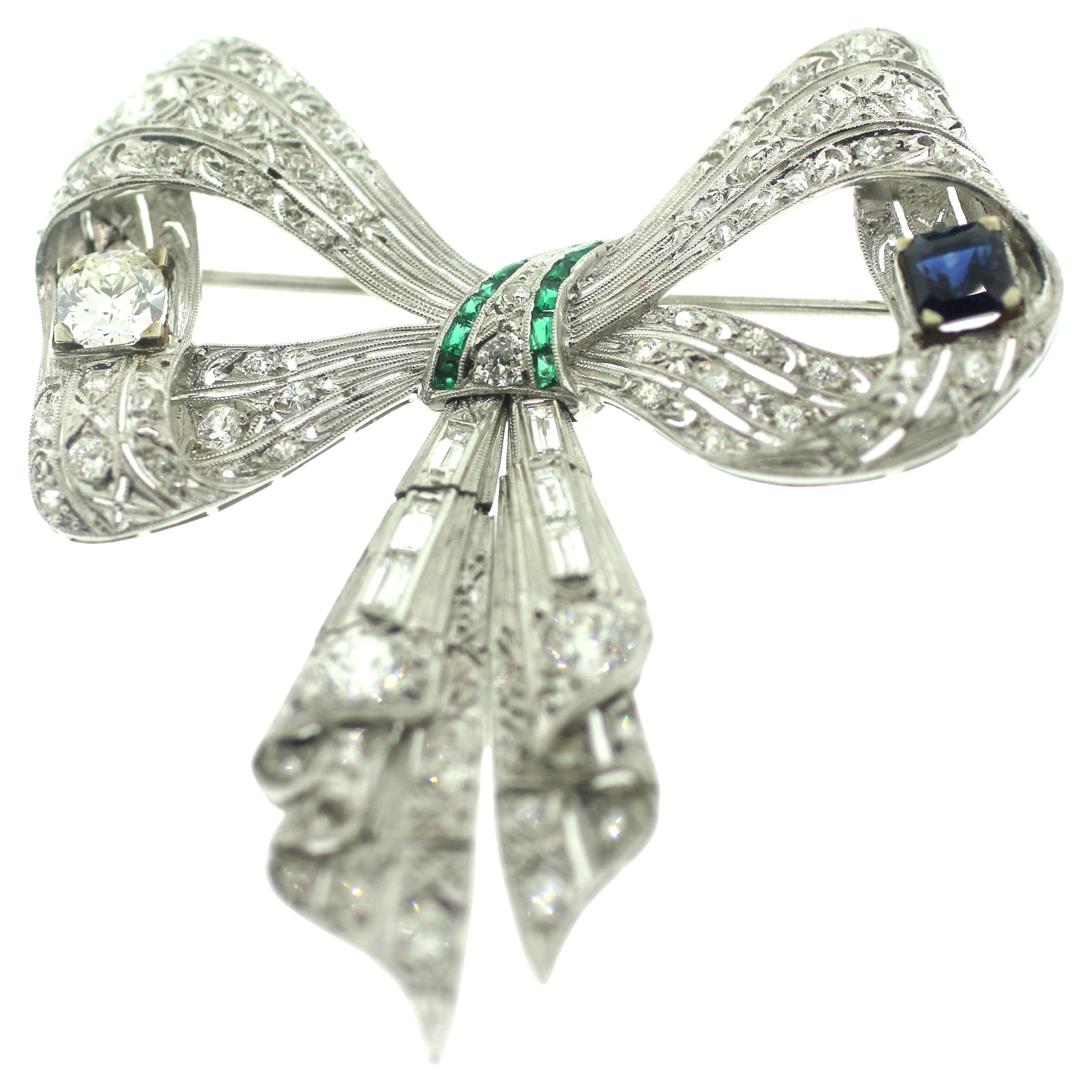 Women's Jewel Of Ocean Estate Platinum Diamonds, Sapphire and Emerald Bow Brooch Pendent