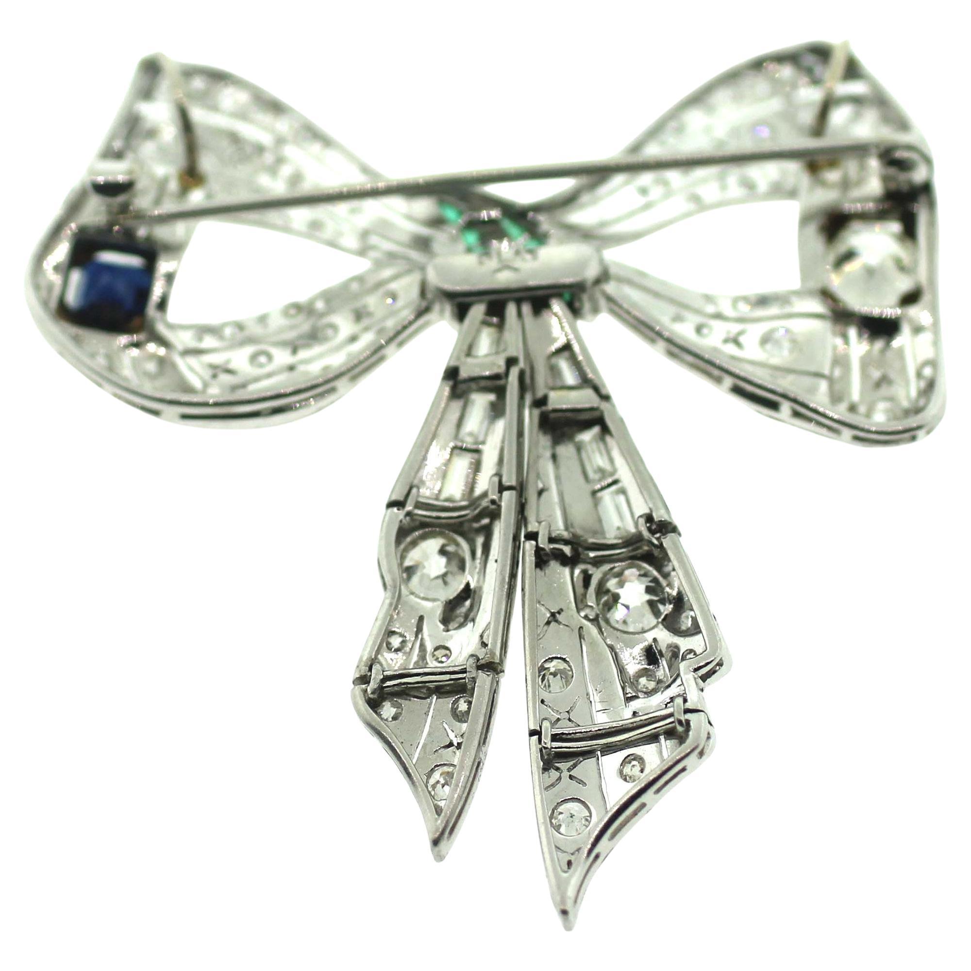 Jewel Of Ocean Estate Platinum Diamonds, Sapphire and Emerald Bow Brooch Pendent 1