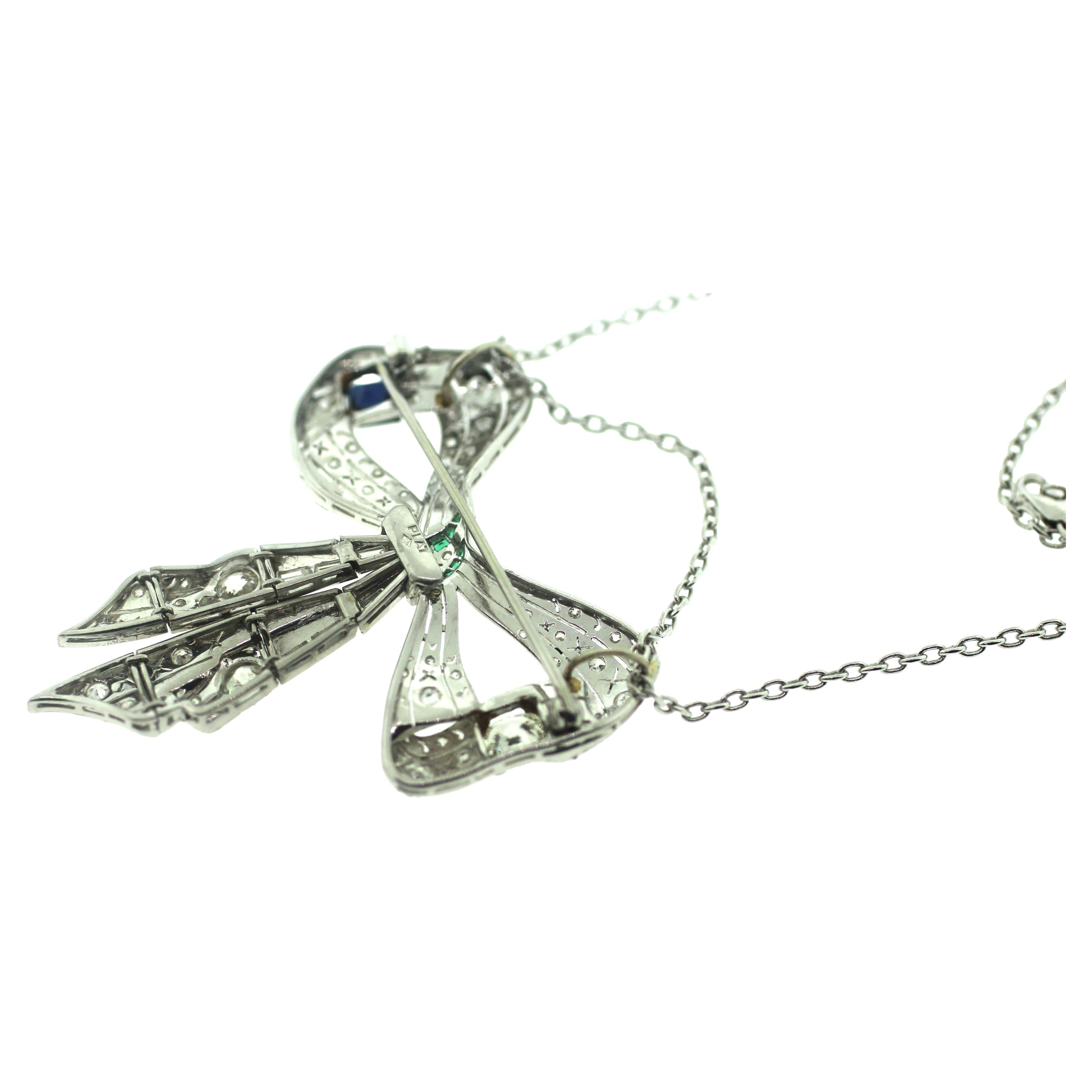 Jewel Of Ocean Estate Platinum Diamonds, Sapphire and Emerald Bow Brooch Pendent 3