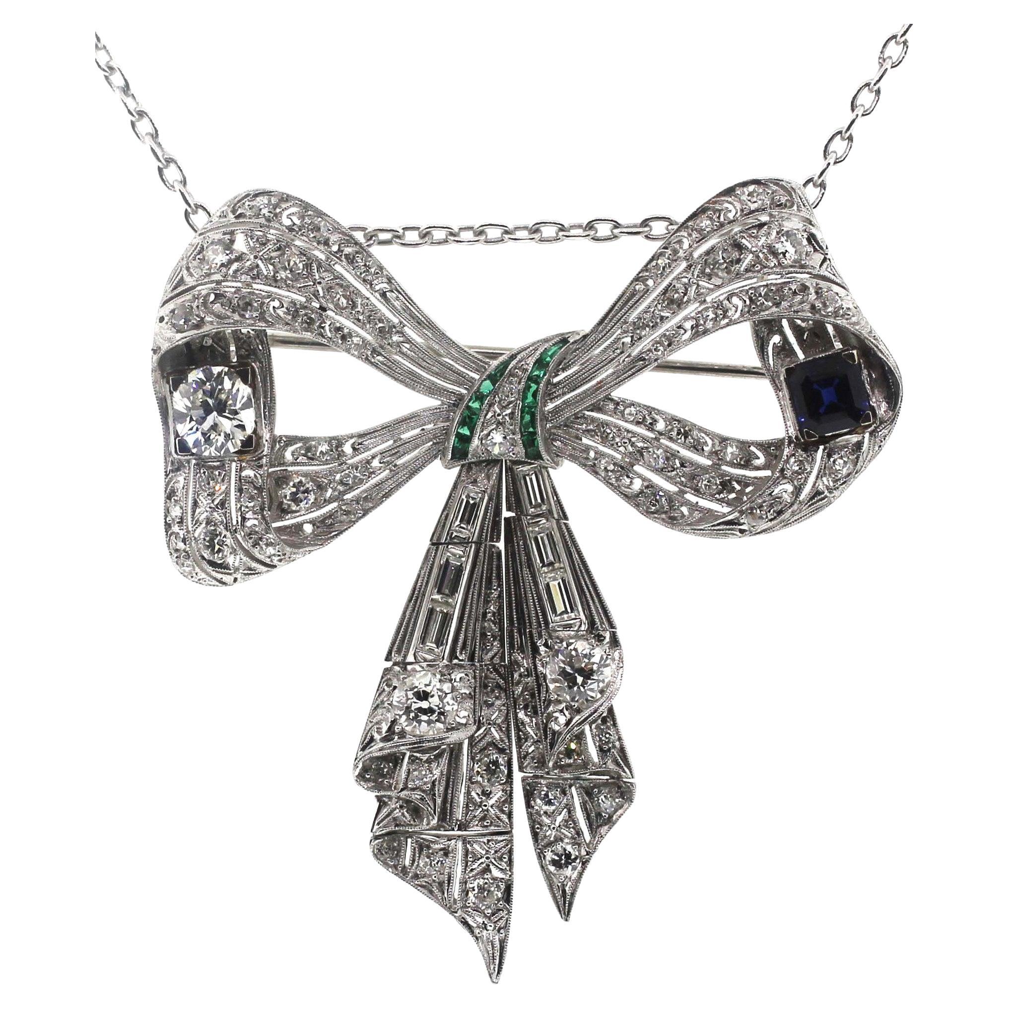 Jewel Of Ocean Estate Platinum Diamonds, Sapphire and Emerald Bow Brooch Pendent 4