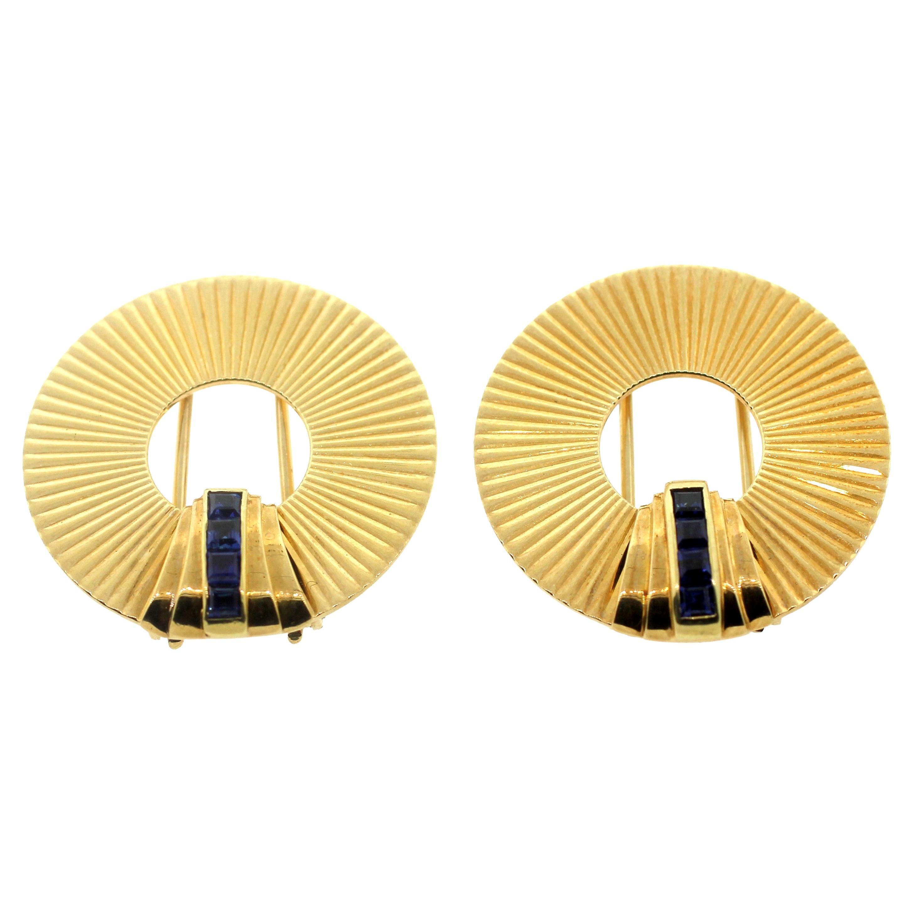 Jewel Of Ocean Estate Tiffany 14K Sapphire Clip Brooches Convertible To Earrings In Good Condition For Sale In Hicksville, NY