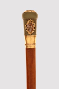 Jewel painted horn walking stick with cameos, signed Balbino, Turin, Italy 1860.