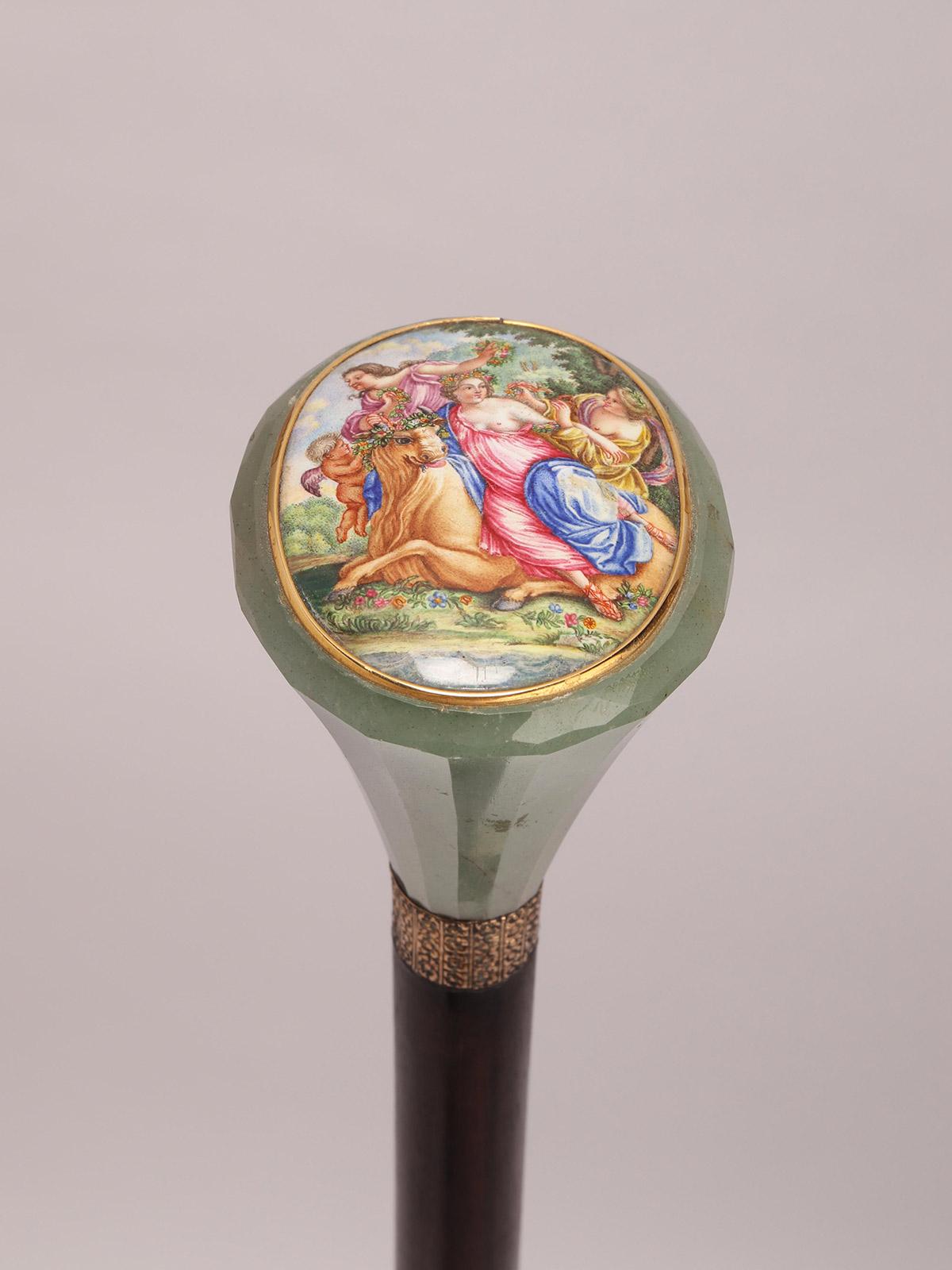 XIXe siècle Canne en pietradura de Jewell représentant le viol d'Europa, France 1870. en vente