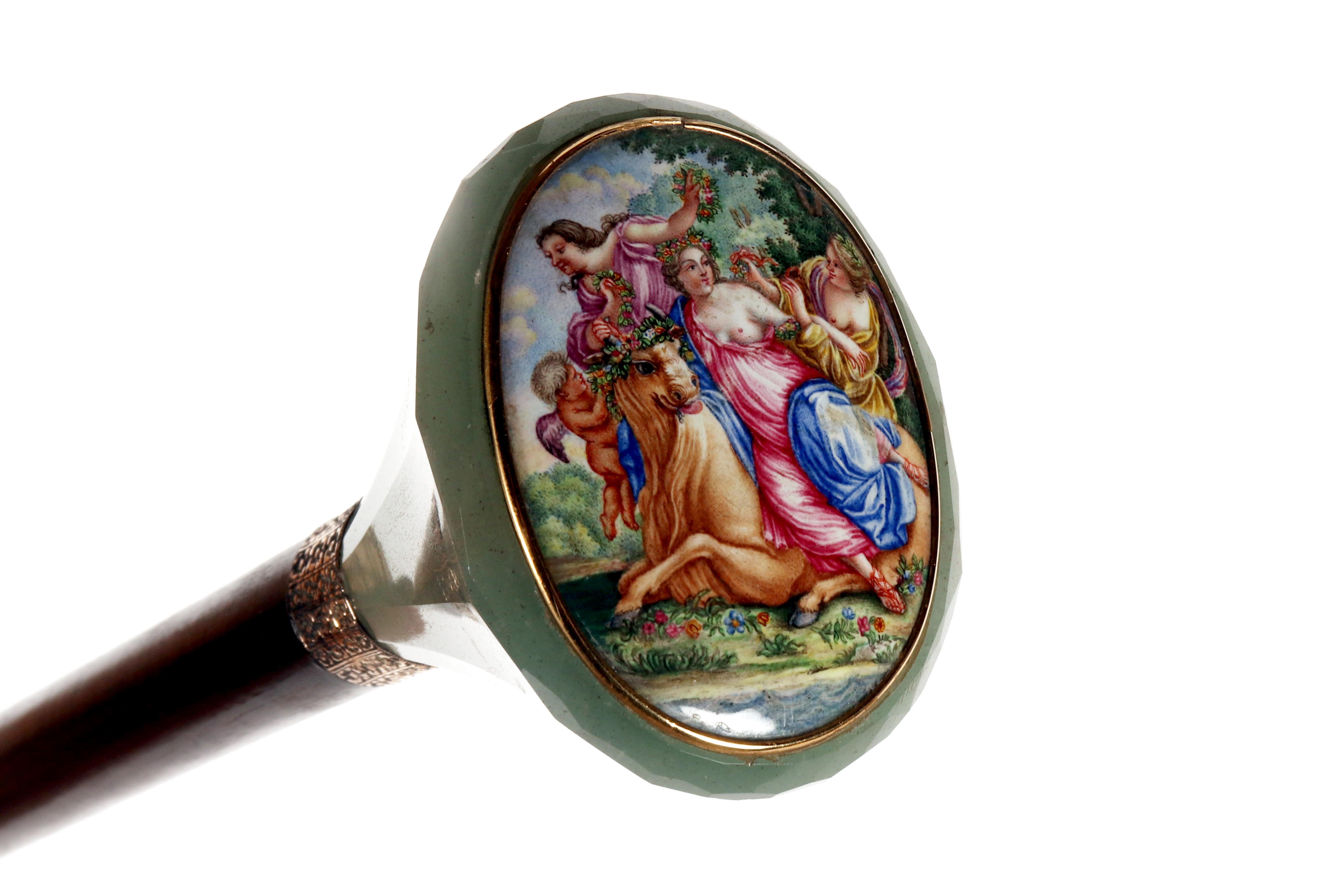 19th Century Jewel pietradura walking stick depicting the rape of Europa, France 1870. For Sale