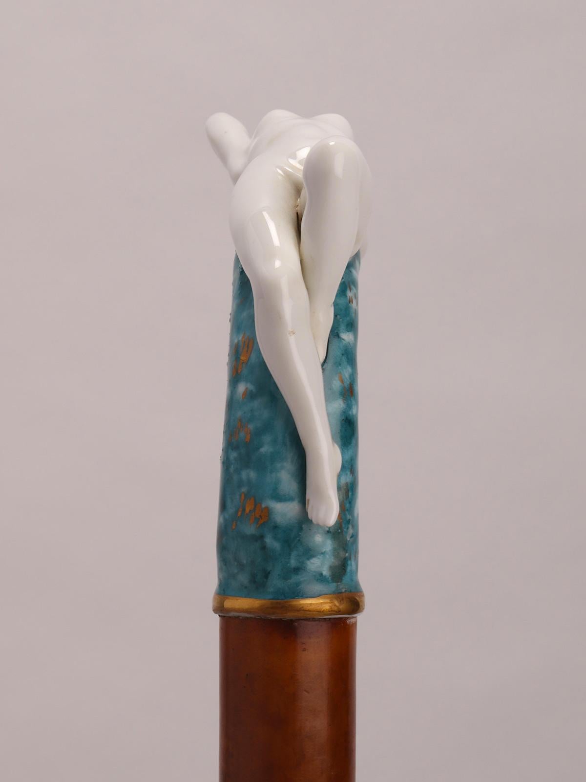 Italian Jewel porcelain walking stick depicting a naked lying woman, Italy 1890.  For Sale