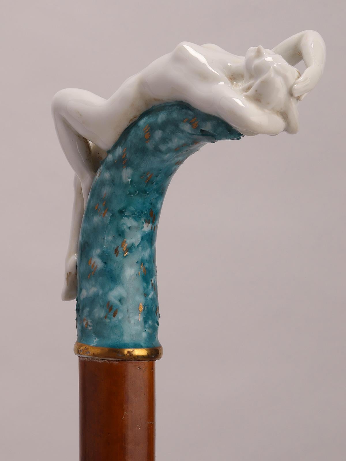 19th Century Jewel porcelain walking stick depicting a naked lying woman, Italy 1890.  For Sale