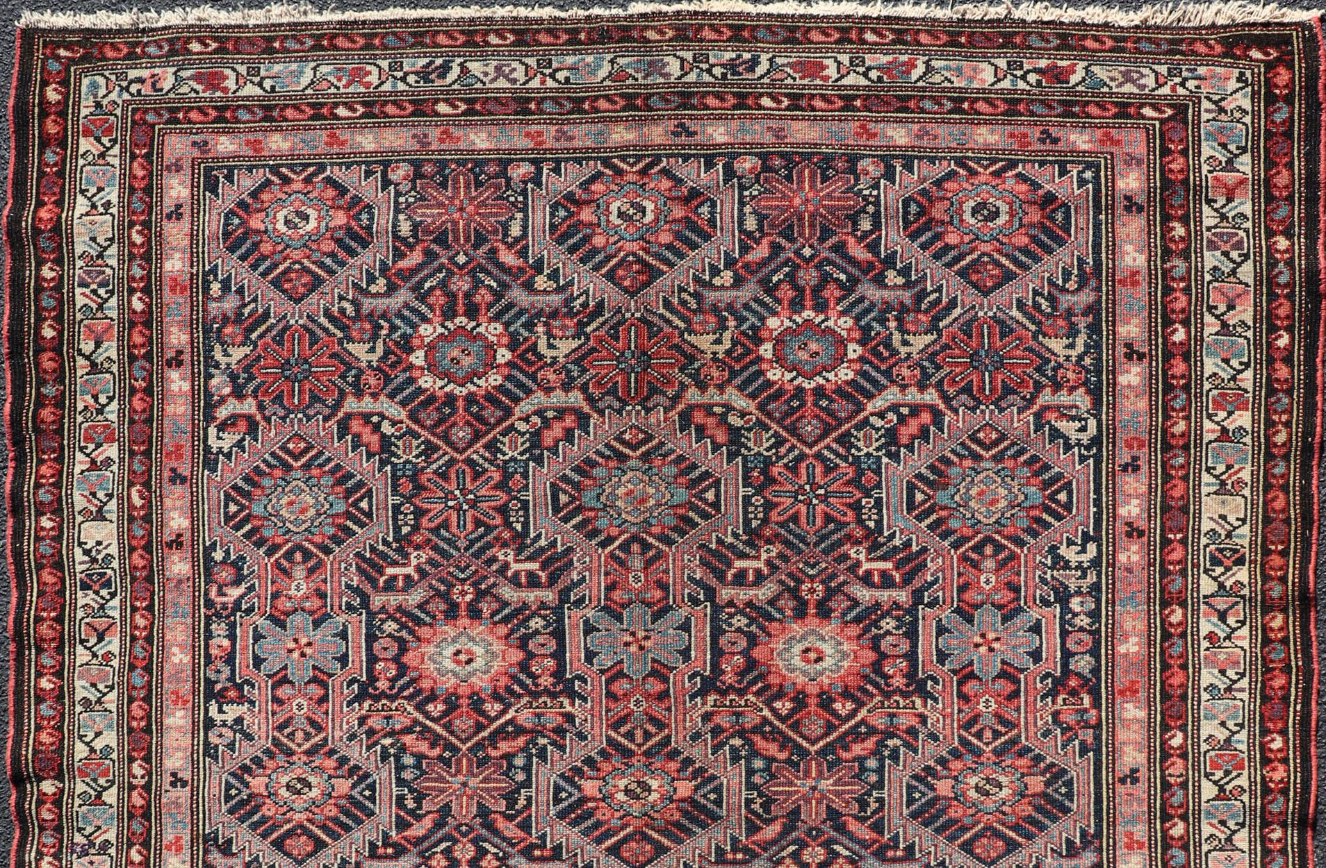 Red, blue, ivory, and multicolored Persian antique long Malayer Runner with geometric floral design, kwarugs/ KBE-200206, country of origin / type: Iran / Malayer, circa 1920

This antique Persian Malayer, circa early 20th century, relies heavily