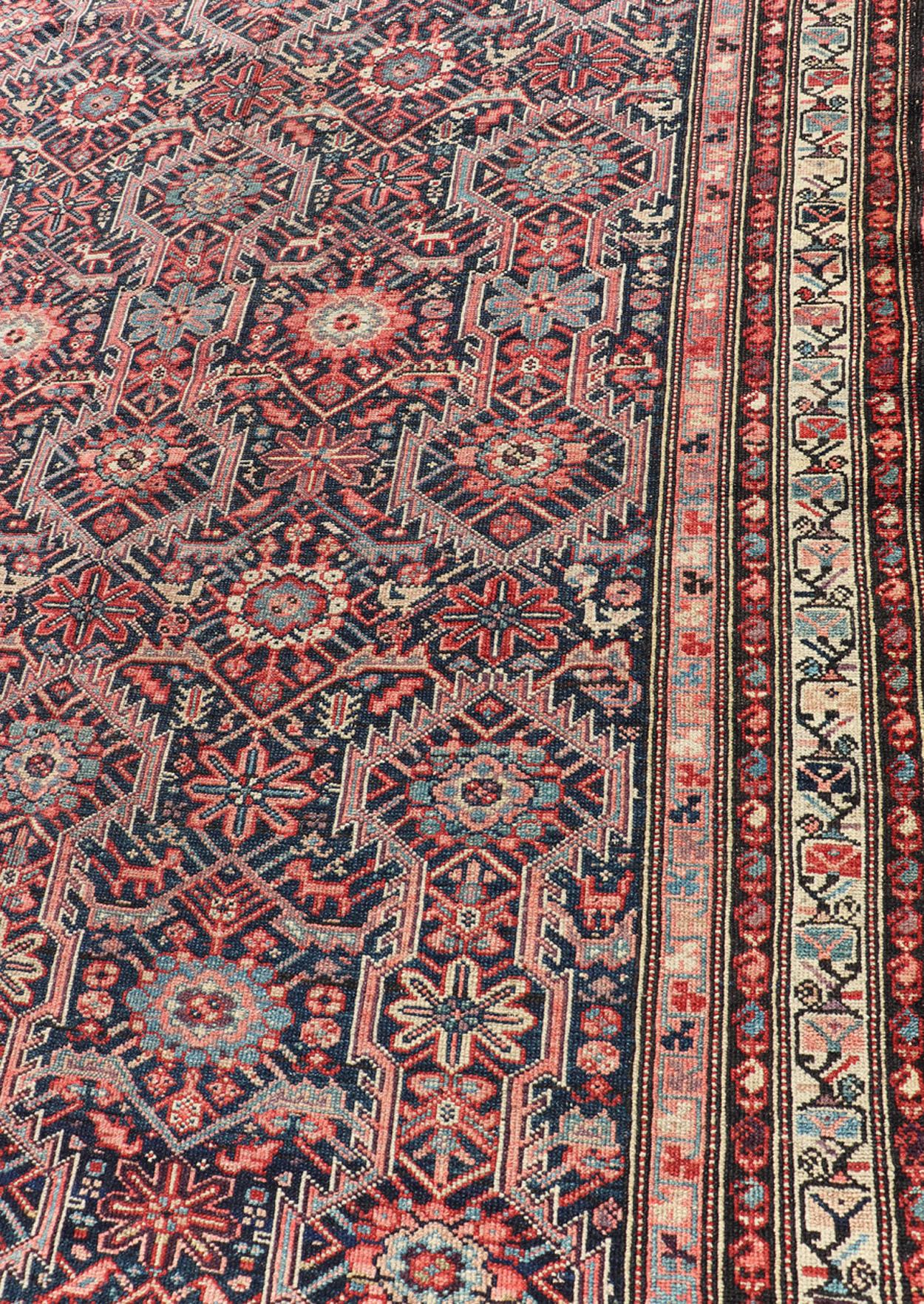 Wool Jewel-Toned Antique Fine Persian Malayer with All-Over Geometric Design For Sale