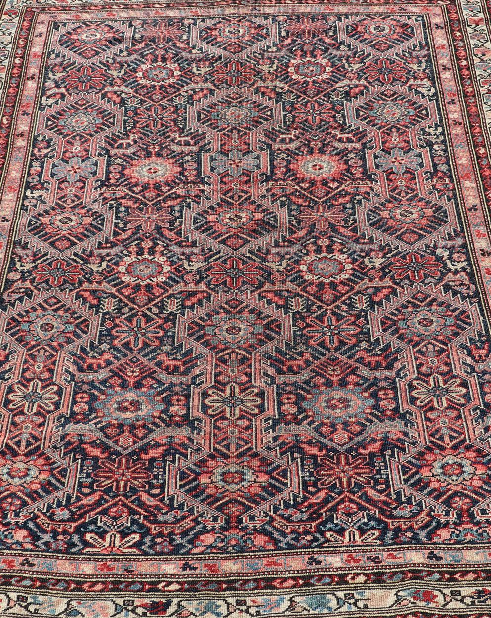 Jewel-Toned Antique Fine Persian Malayer with All-Over Geometric Design For Sale 1