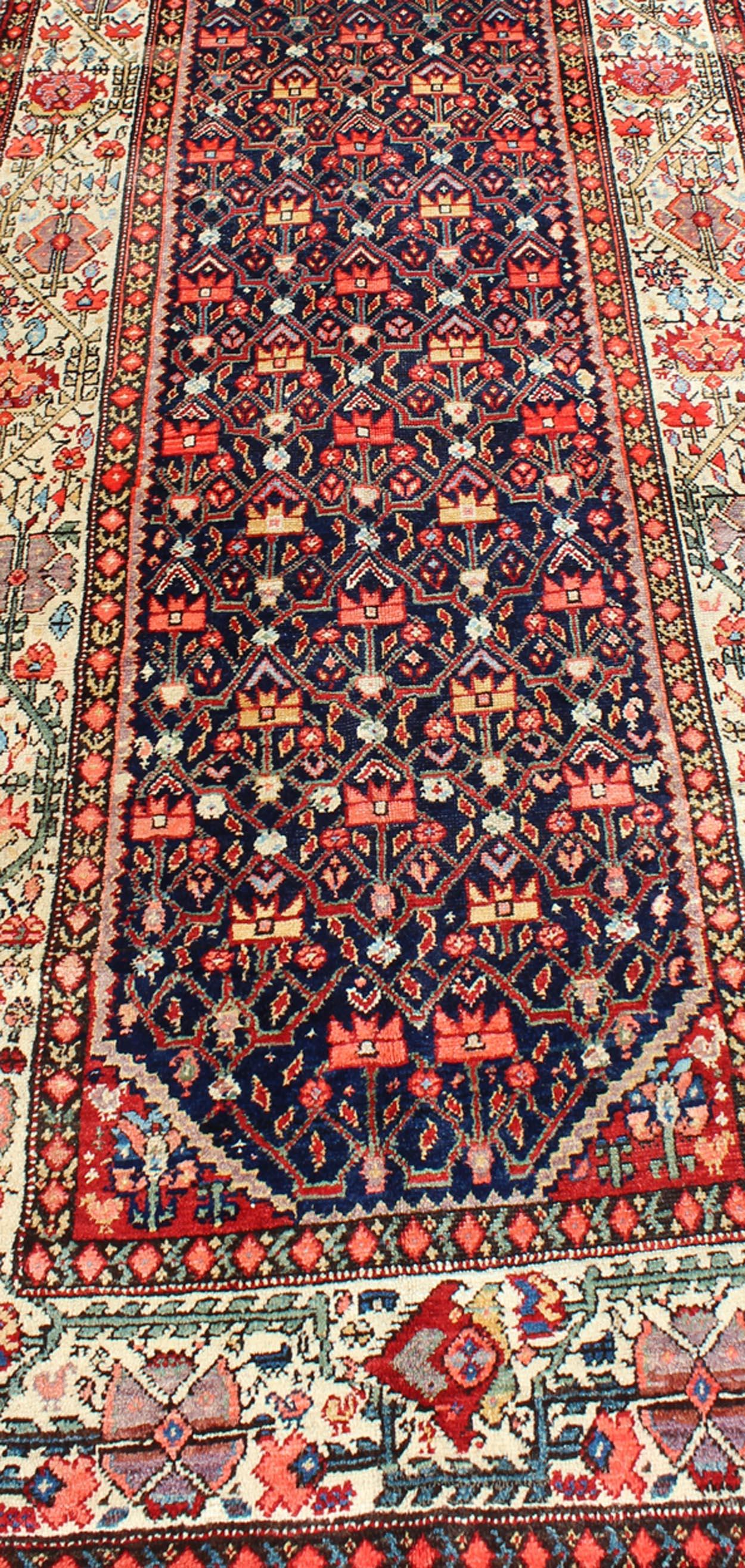Jewel-Toned Antique Persian Malayer Long Runner with All-Over Geometric Design For Sale 3