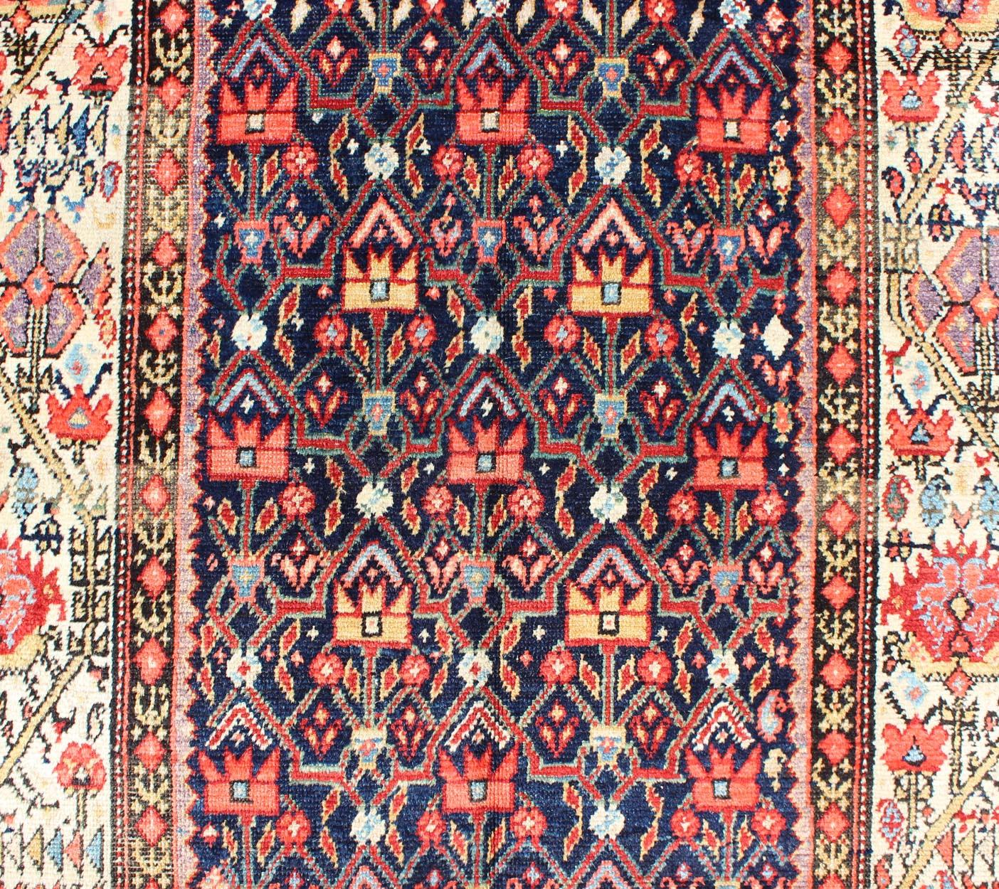 Jewel-Toned Antique Persian Malayer Long Runner with All-Over Geometric Design For Sale 4