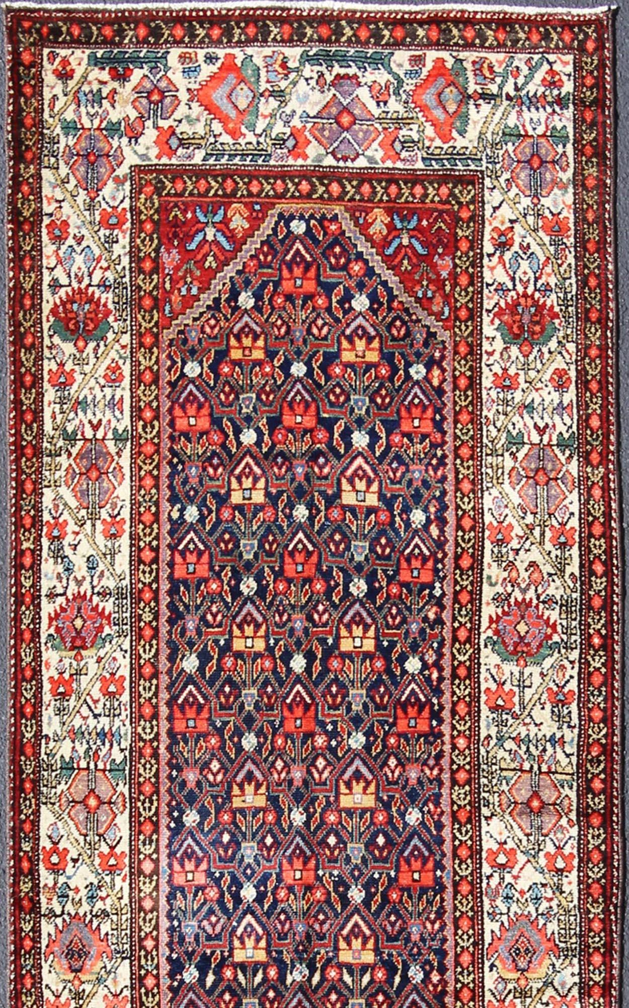 Hand-Knotted Jewel-Toned Antique Persian Malayer Long Runner with All-Over Geometric Design For Sale