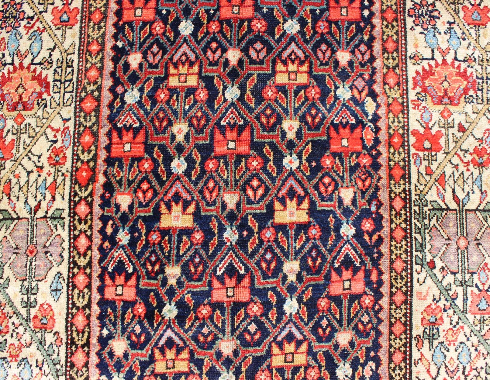 Wool Jewel-Toned Antique Persian Malayer Long Runner with All-Over Geometric Design For Sale