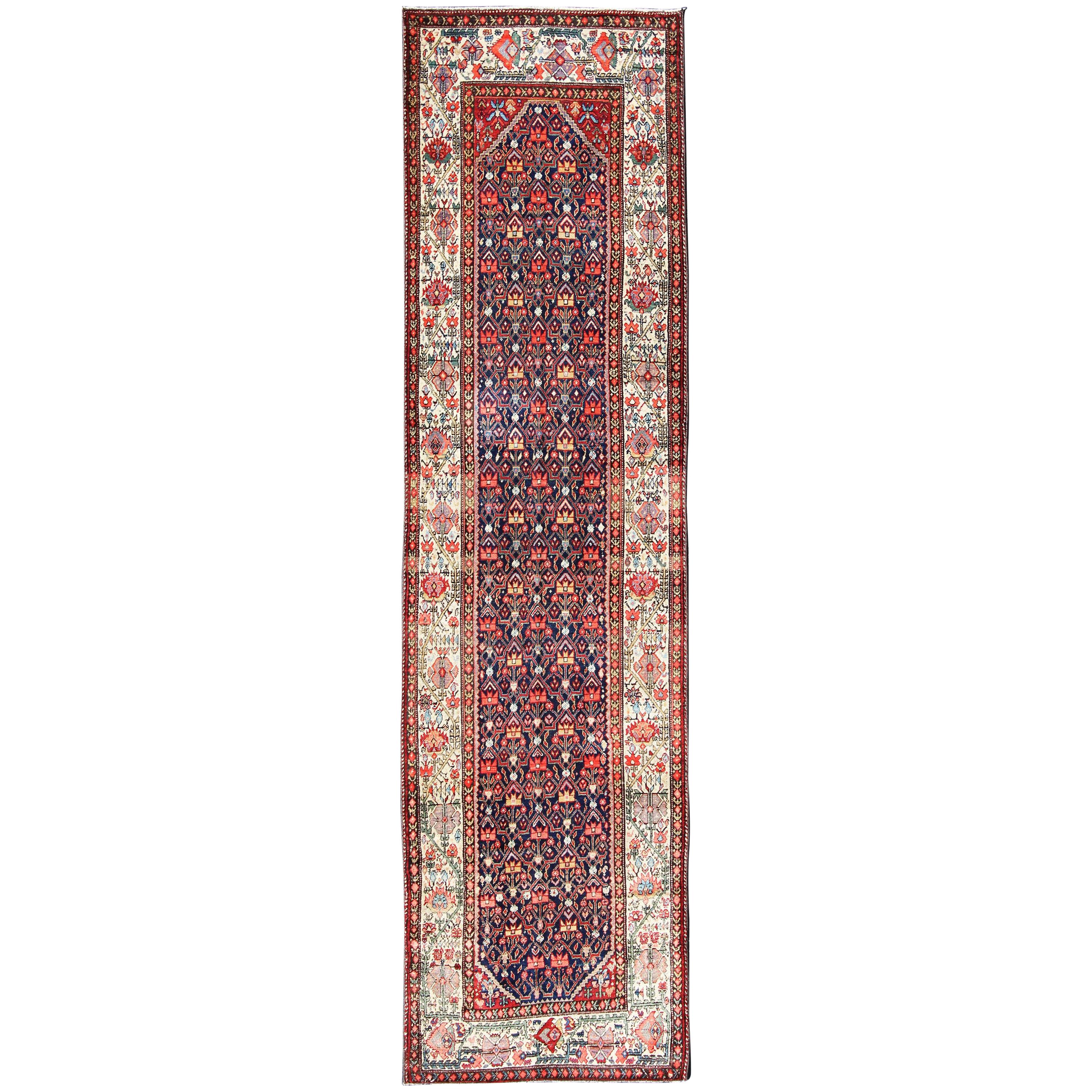 Jewel-Toned Antique Persian Malayer Long Runner with All-Over Geometric Design For Sale