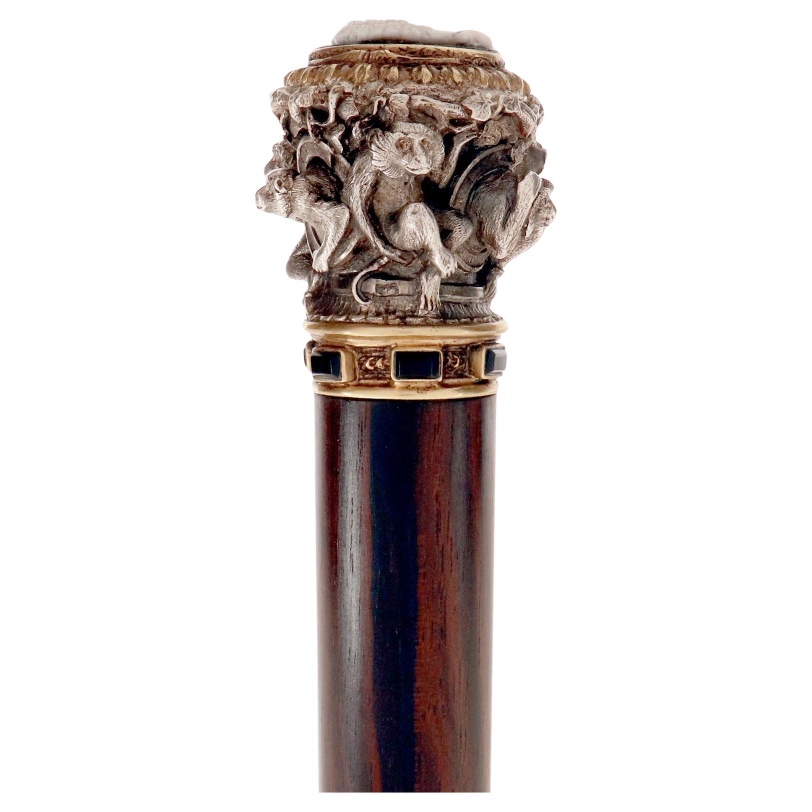 Jewel walking stick, depicting six monkeys. By Froment-Meurice, France 1850.