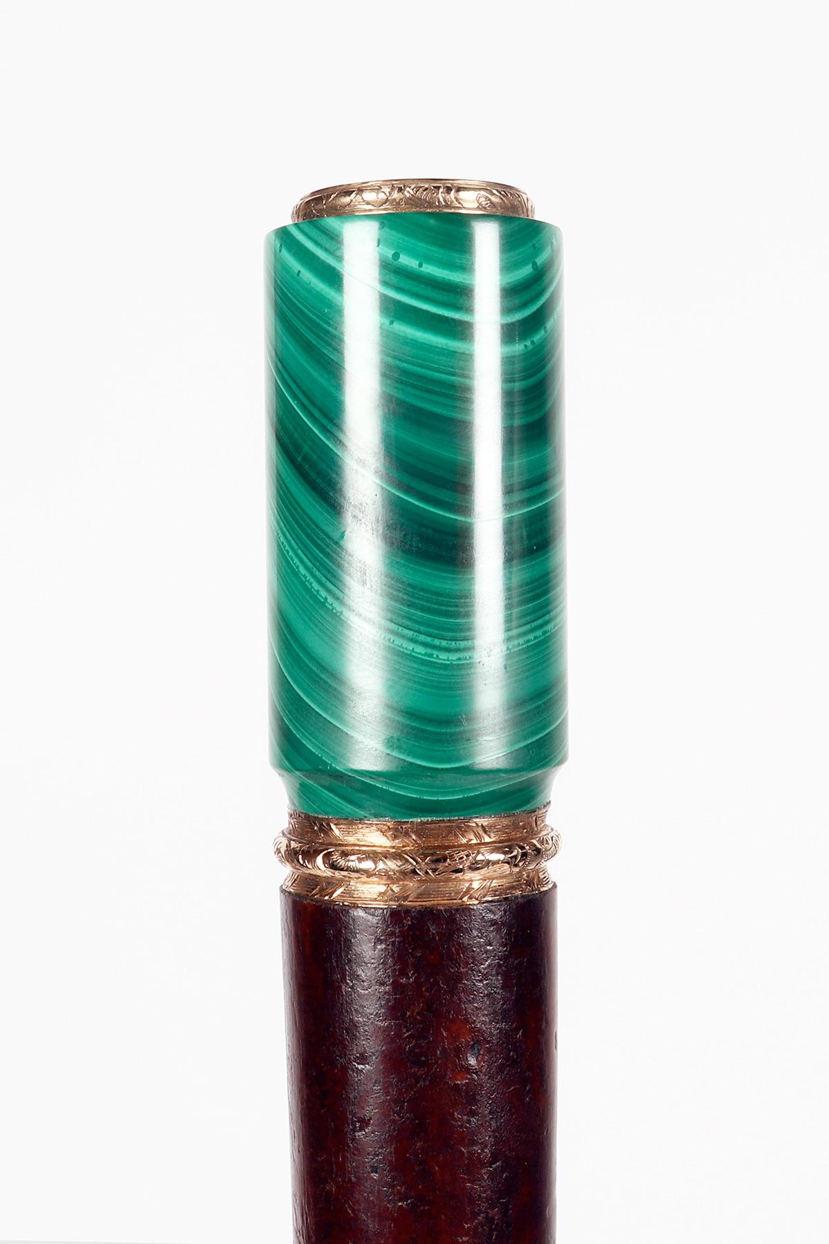 Gold Walking stick, gold, malachite handle, Signed Gabriel Falguieres. France 1900. For Sale