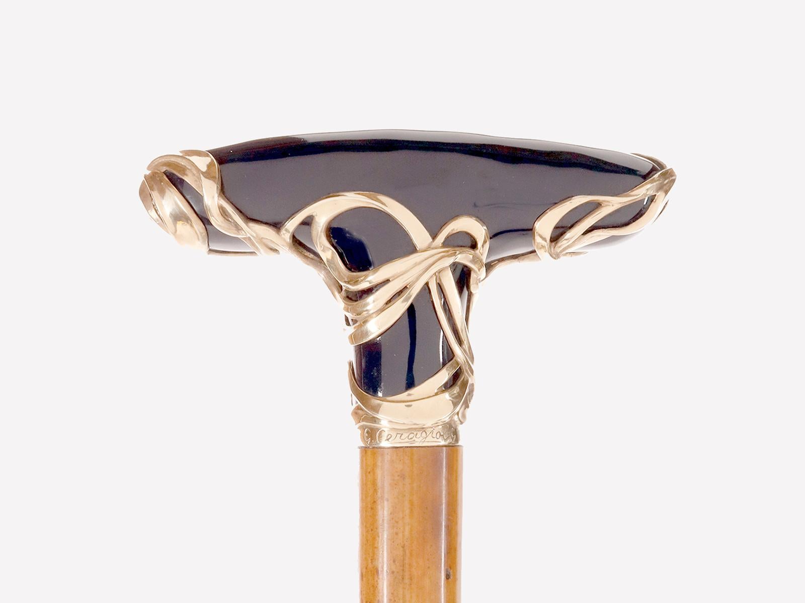 italien Canne à bijoux en céramique bleue et argent doré, par Ceragioli, Italie 1900. en vente