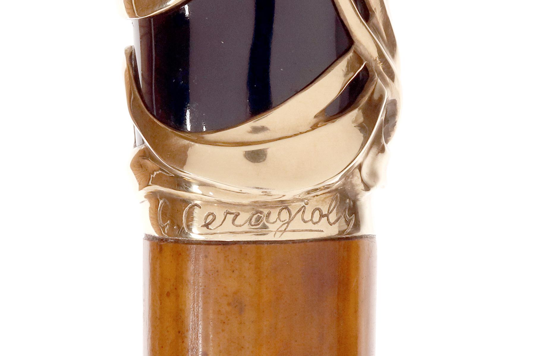 Canne à bijoux en céramique bleue et argent doré, par Ceragioli, Italie 1900. en vente 3