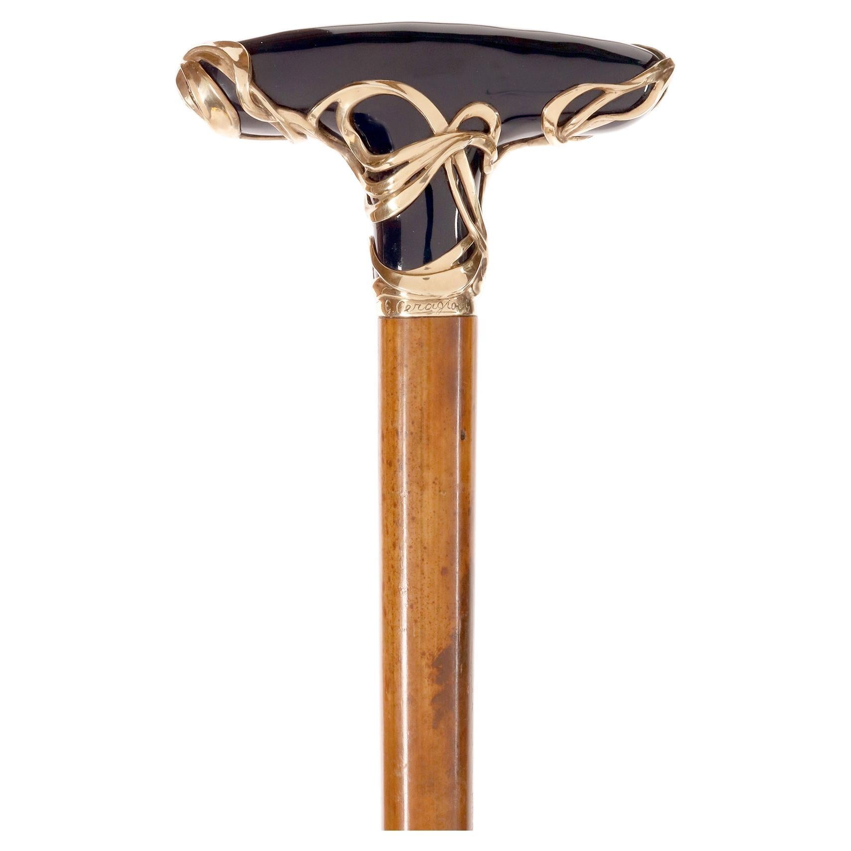 Canne à bijoux en céramique bleue et argent doré, par Ceragioli, Italie 1900.