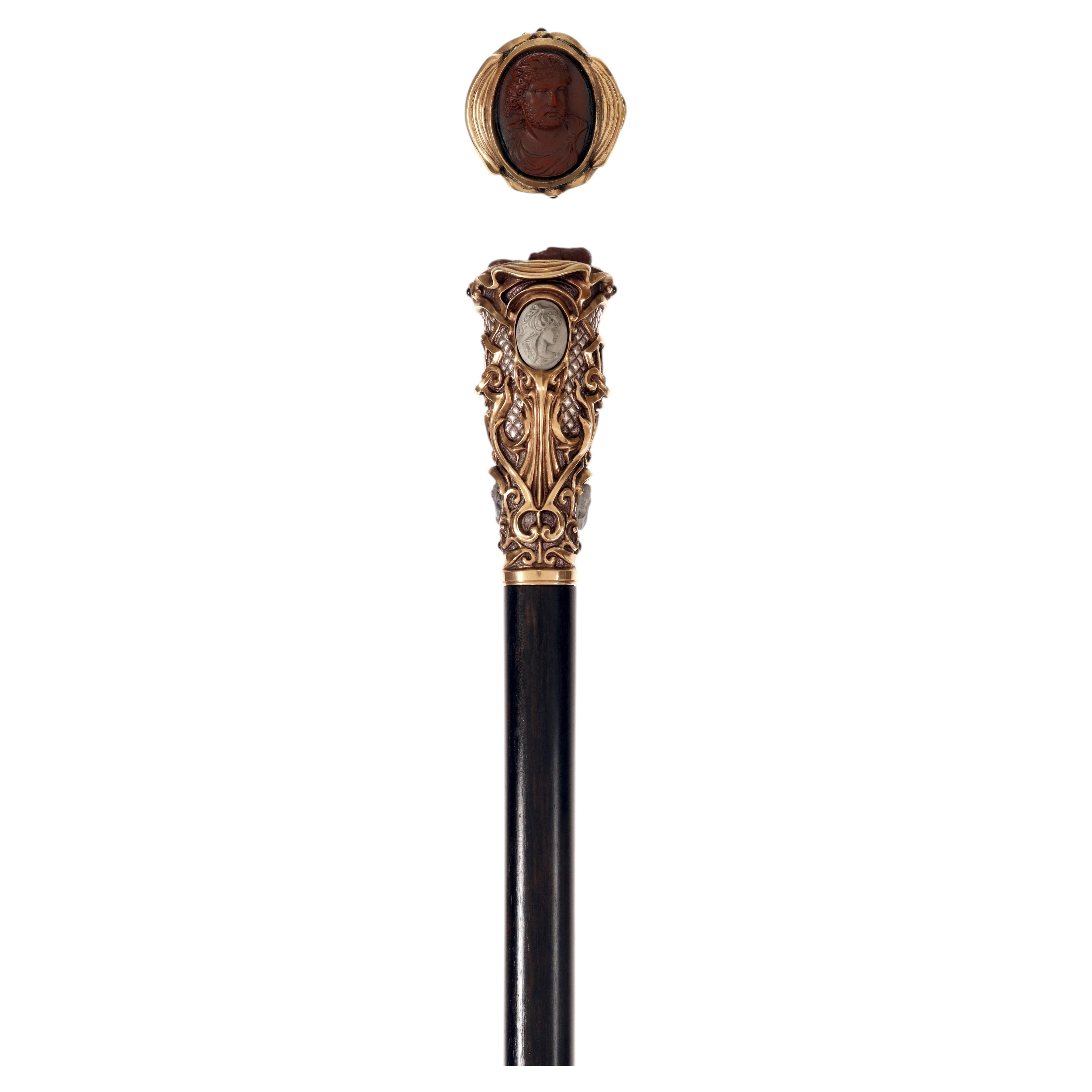 Jewel walking stick with lava stone cameos, by Peruzzi Italy, late 19th century.
