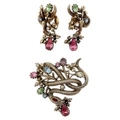 Jewelcraft 1950s Rhinestone Snake Design Brooch and Earrings Set