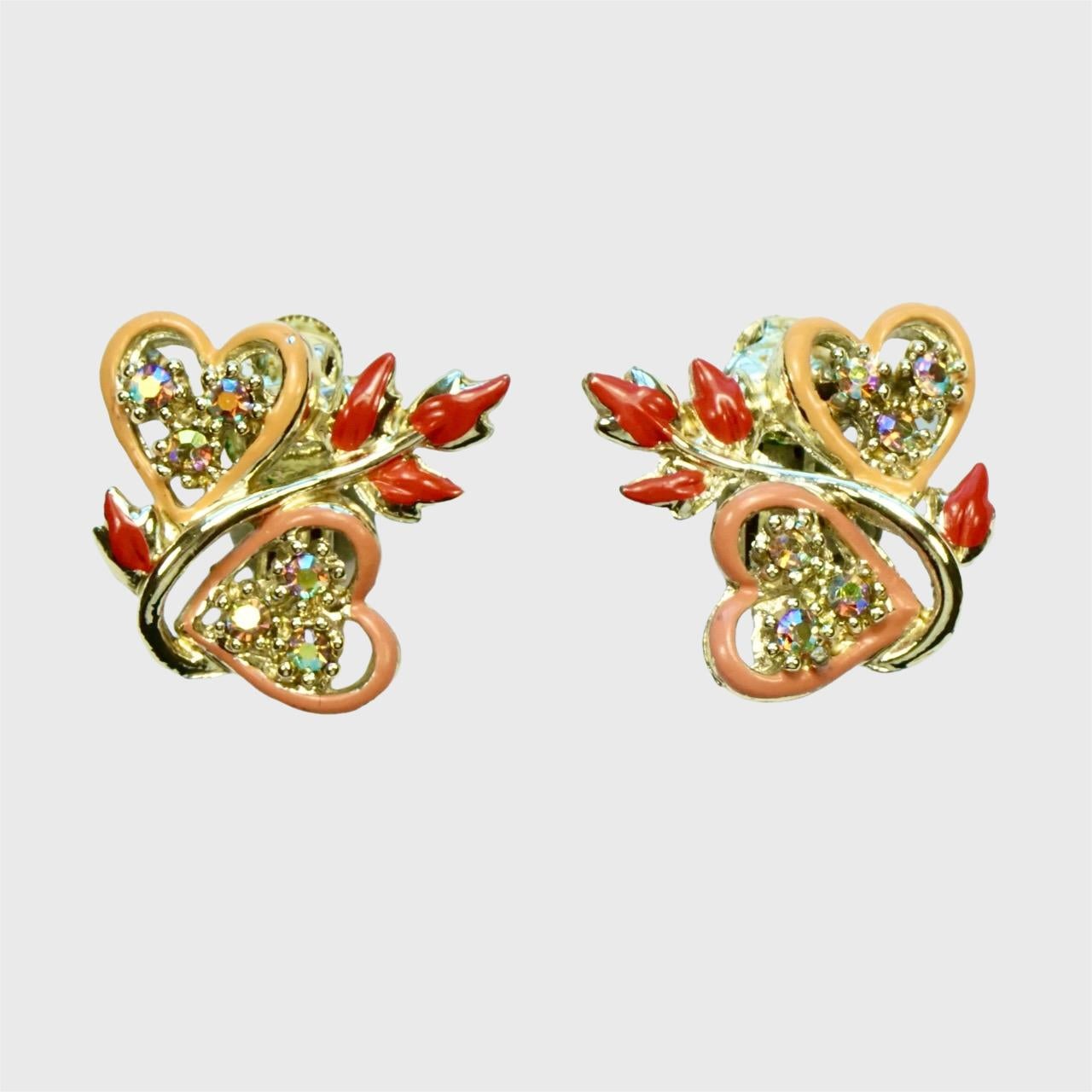 Jewelcraft Enamel Heart Necklace Bracelet Earrings Set with Rhinestones For Sale 9