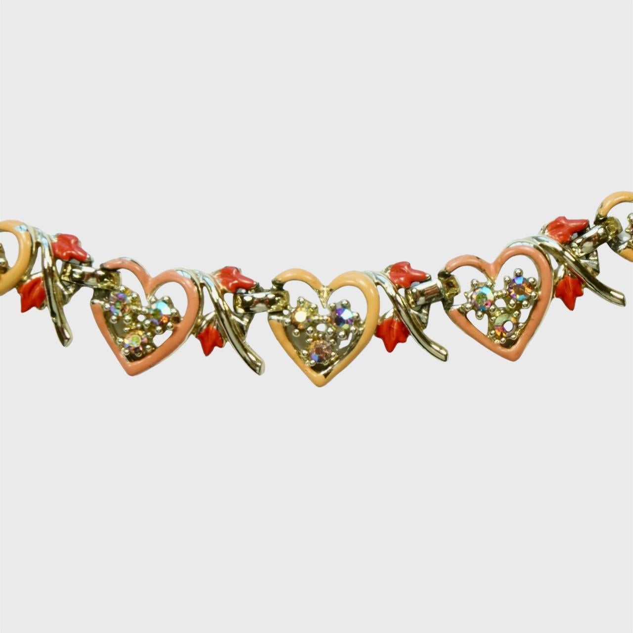 Jewelcraft Enamel Heart Necklace Bracelet Earrings Set with Rhinestones In Good Condition For Sale In London, GB