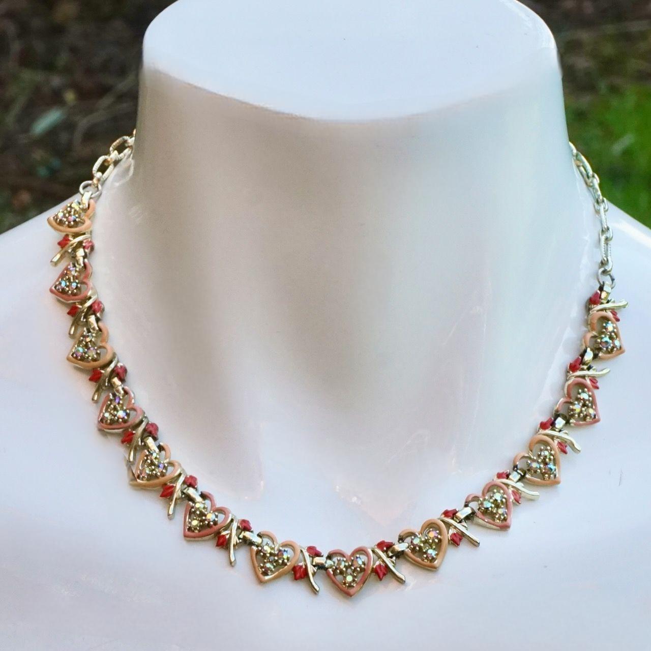 Jewelcraft Enamel Heart Necklace Bracelet Earrings Set with Rhinestones For Sale 1