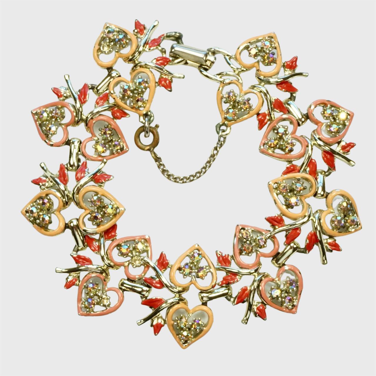 Jewelcraft Enamel Heart Necklace Bracelet Earrings Set with Rhinestones For Sale 4