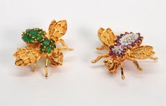 Jeweled 14 Karat Gold Bee Pin Duo