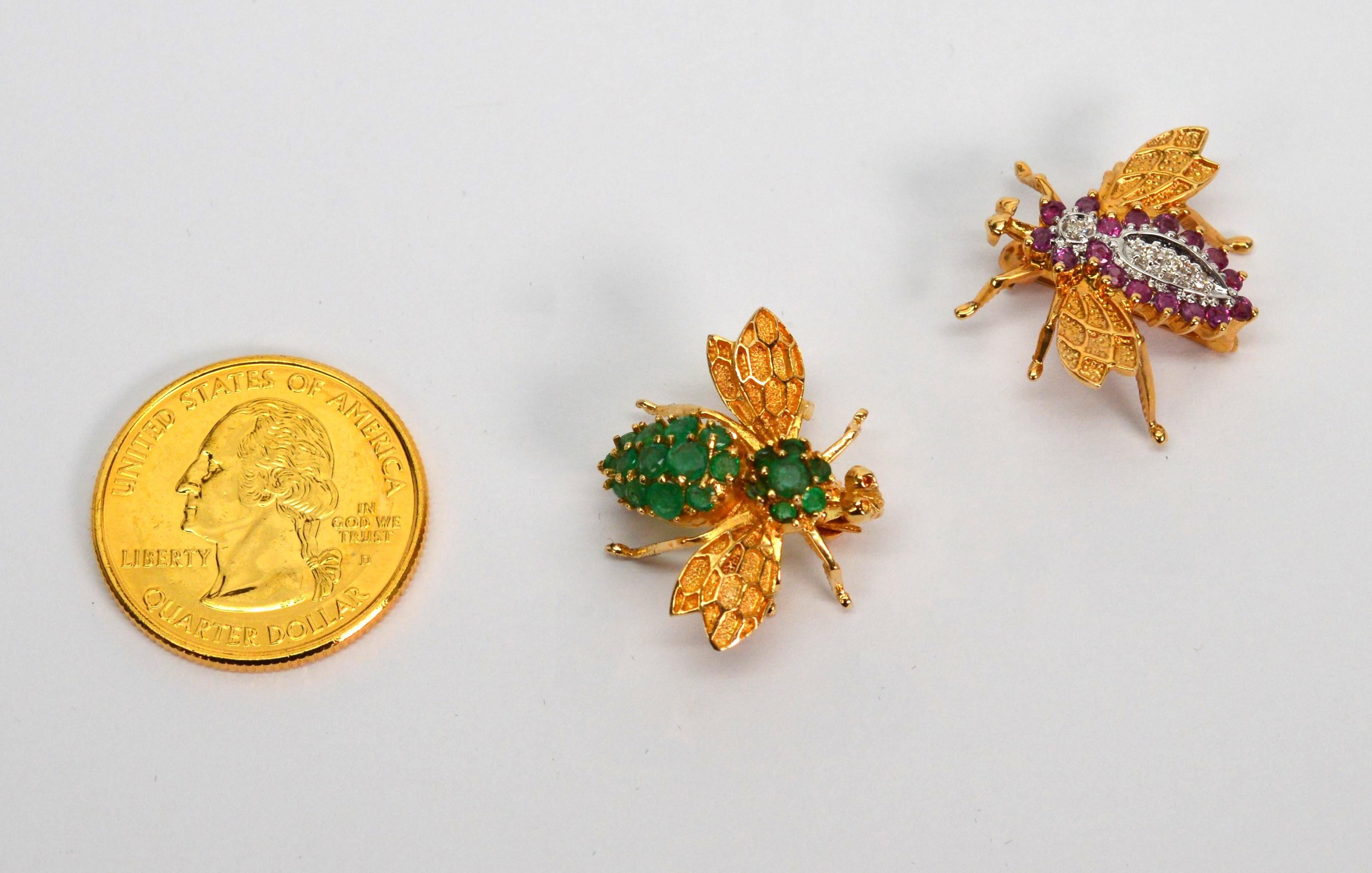 Women's Jeweled 14 Karat Gold Bee Pin Duo For Sale