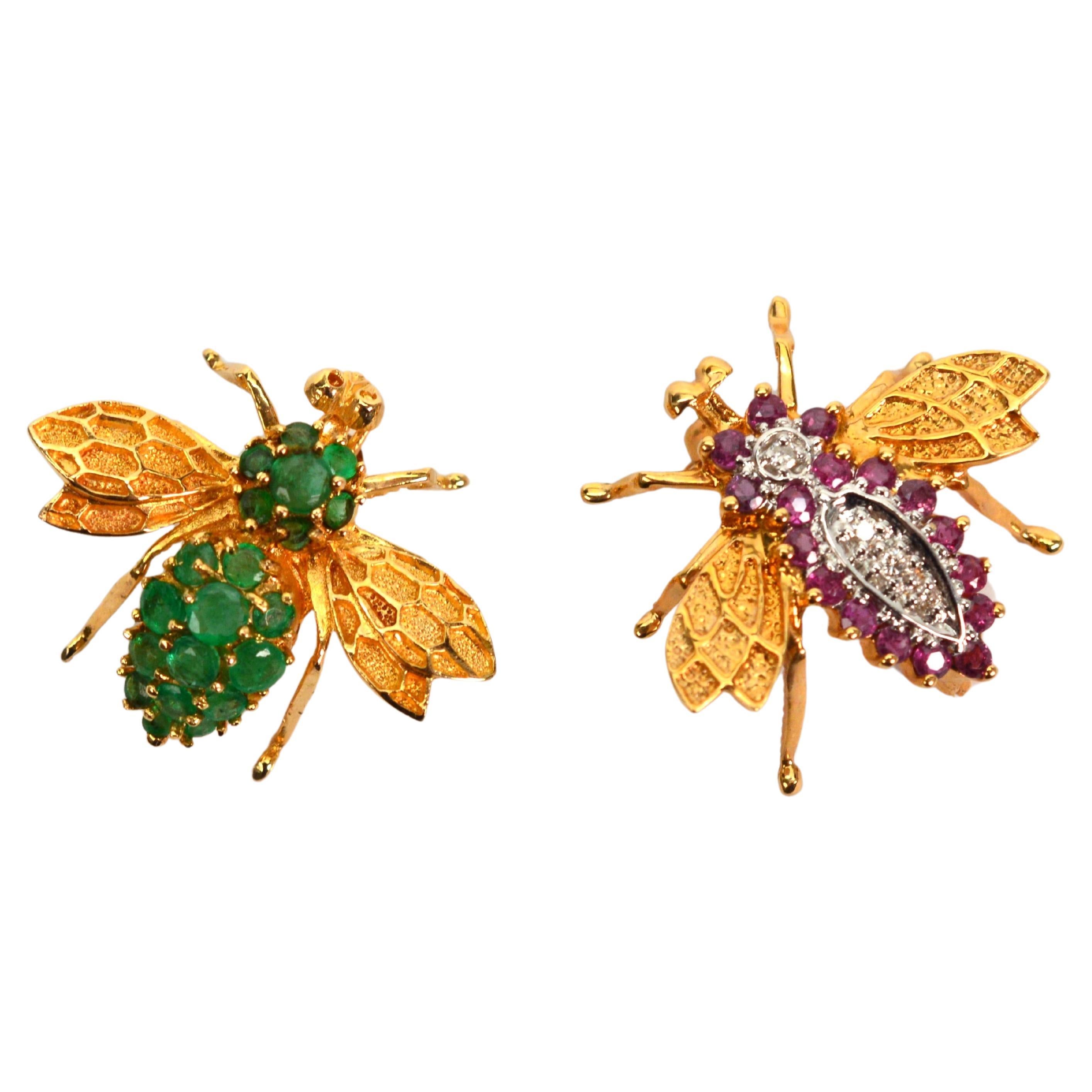 Jeweled 14 Karat Gold Bee Pin Duo For Sale