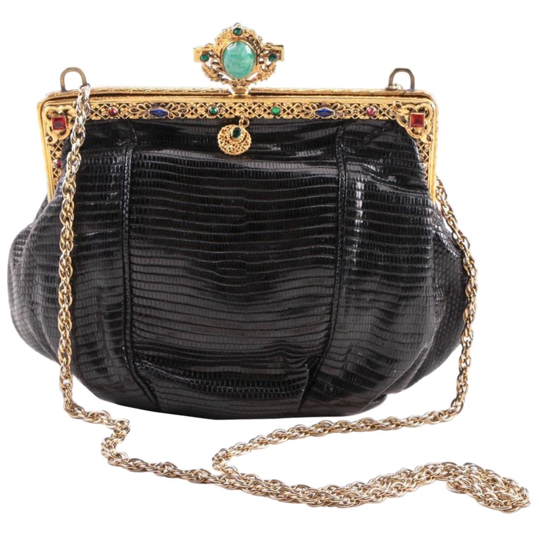 Jeweled 22K Gold Plate c.1925 Handbag Frame Black Lizard Evening Bag , a Treasure For Sale