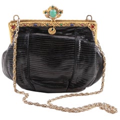 Antique Jeweled 22K Gold Plate c.1925 Handbag Frame Black Lizard Evening Bag , a Treasure