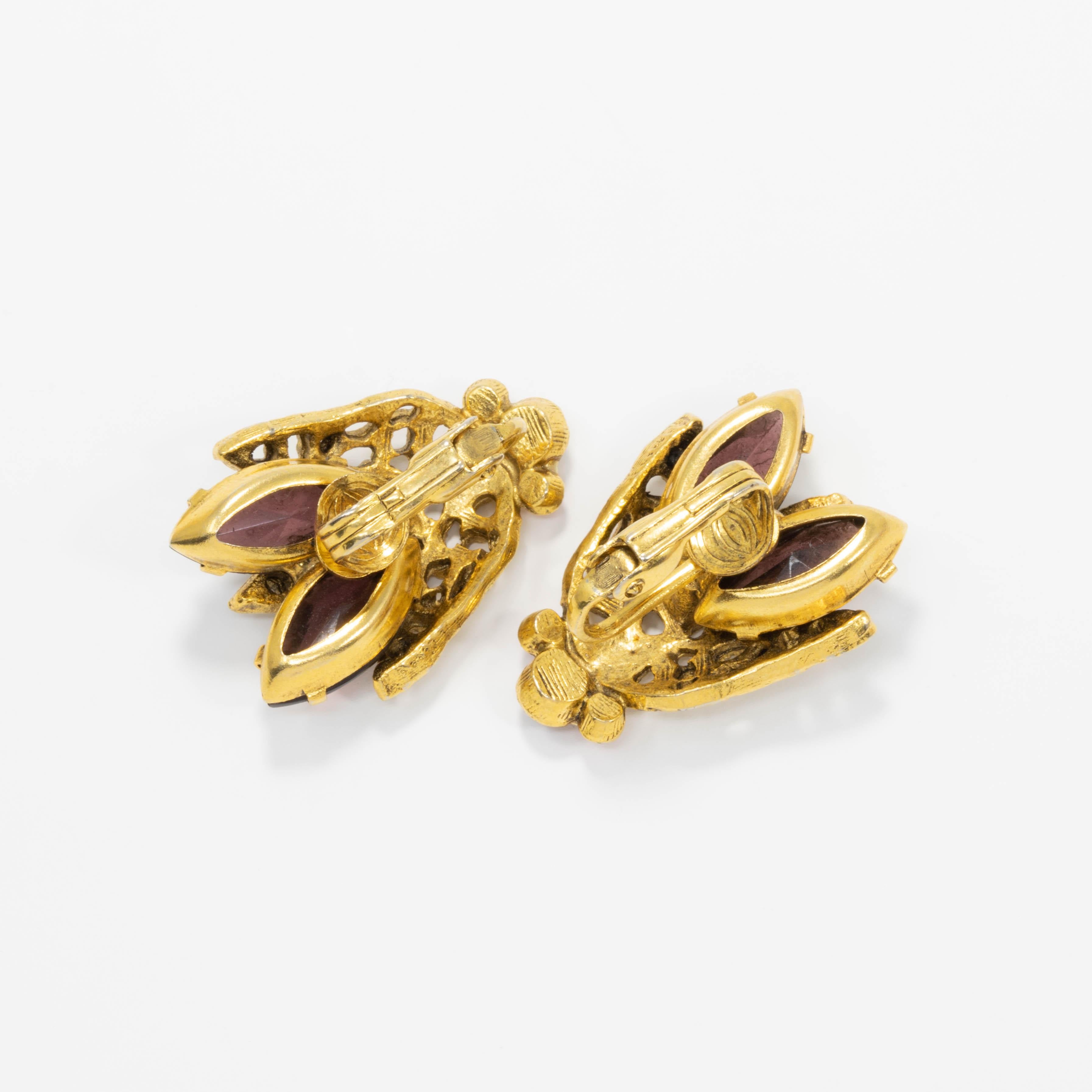 Retro Jeweled Accented Fly Insect Clip on Earrings in Gold, with Amethyst Crystals