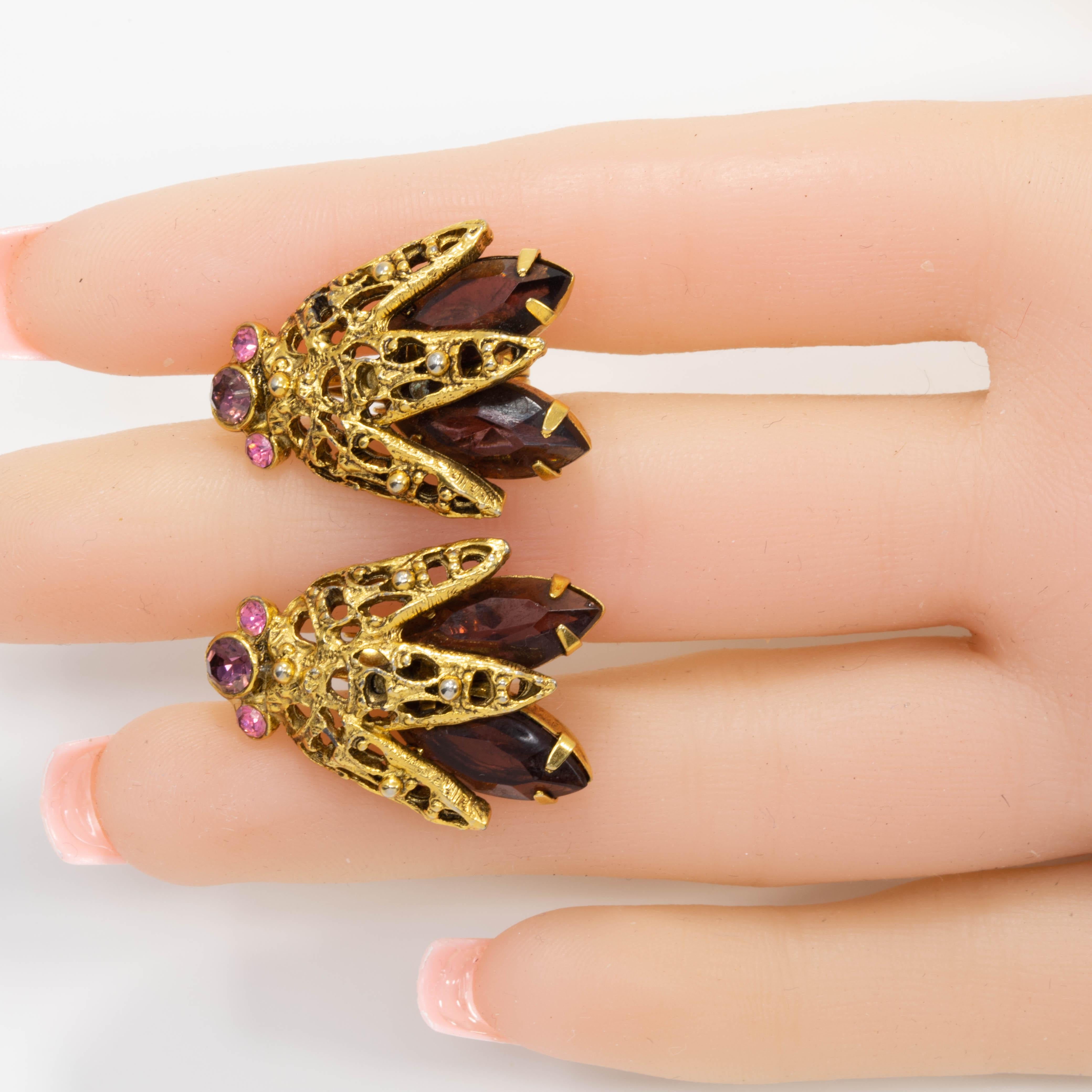 Jeweled Accented Fly Insect Clip on Earrings in Gold, with Amethyst Crystals In Good Condition In Milford, DE