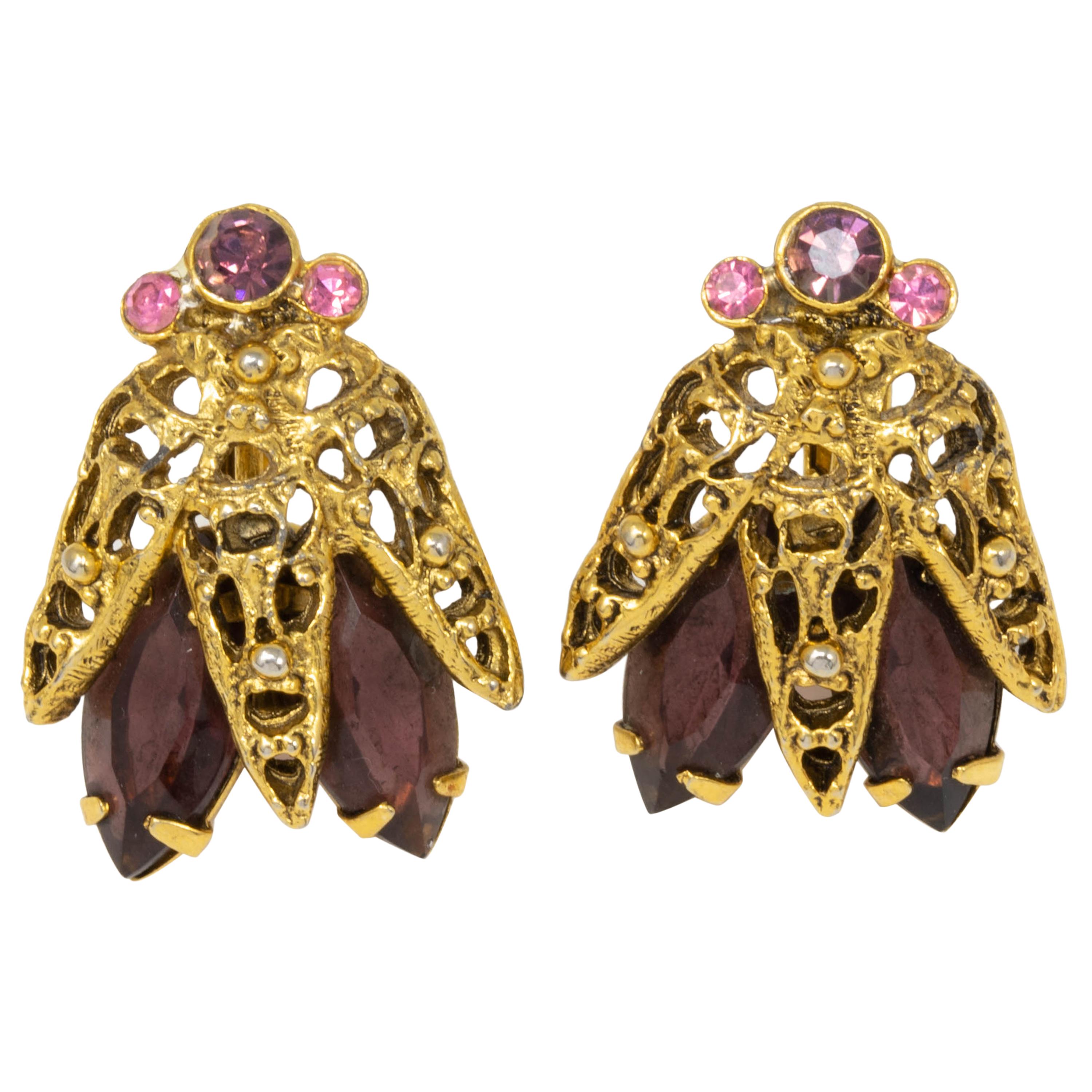 Jeweled Accented Fly Insect Clip on Earrings in Gold, with Amethyst Crystals