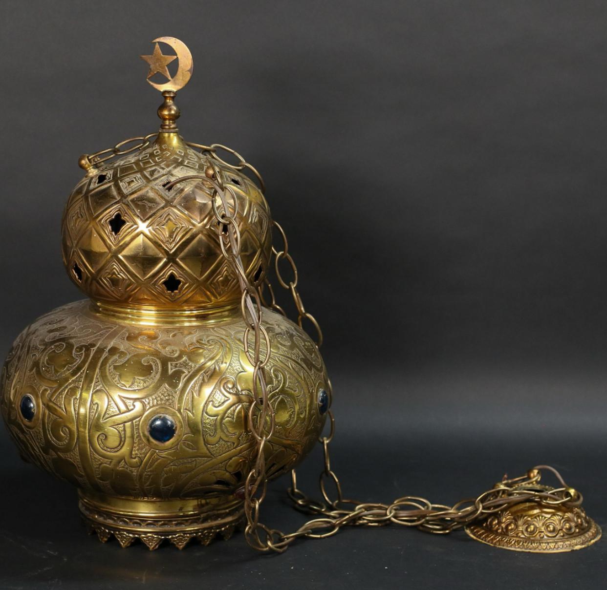 Jeweled and Etched Brass Moroccan Pendant Light For Sale 7