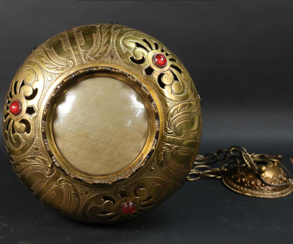 Jeweled and Etched Brass Moroccan Pendant Light For Sale 9